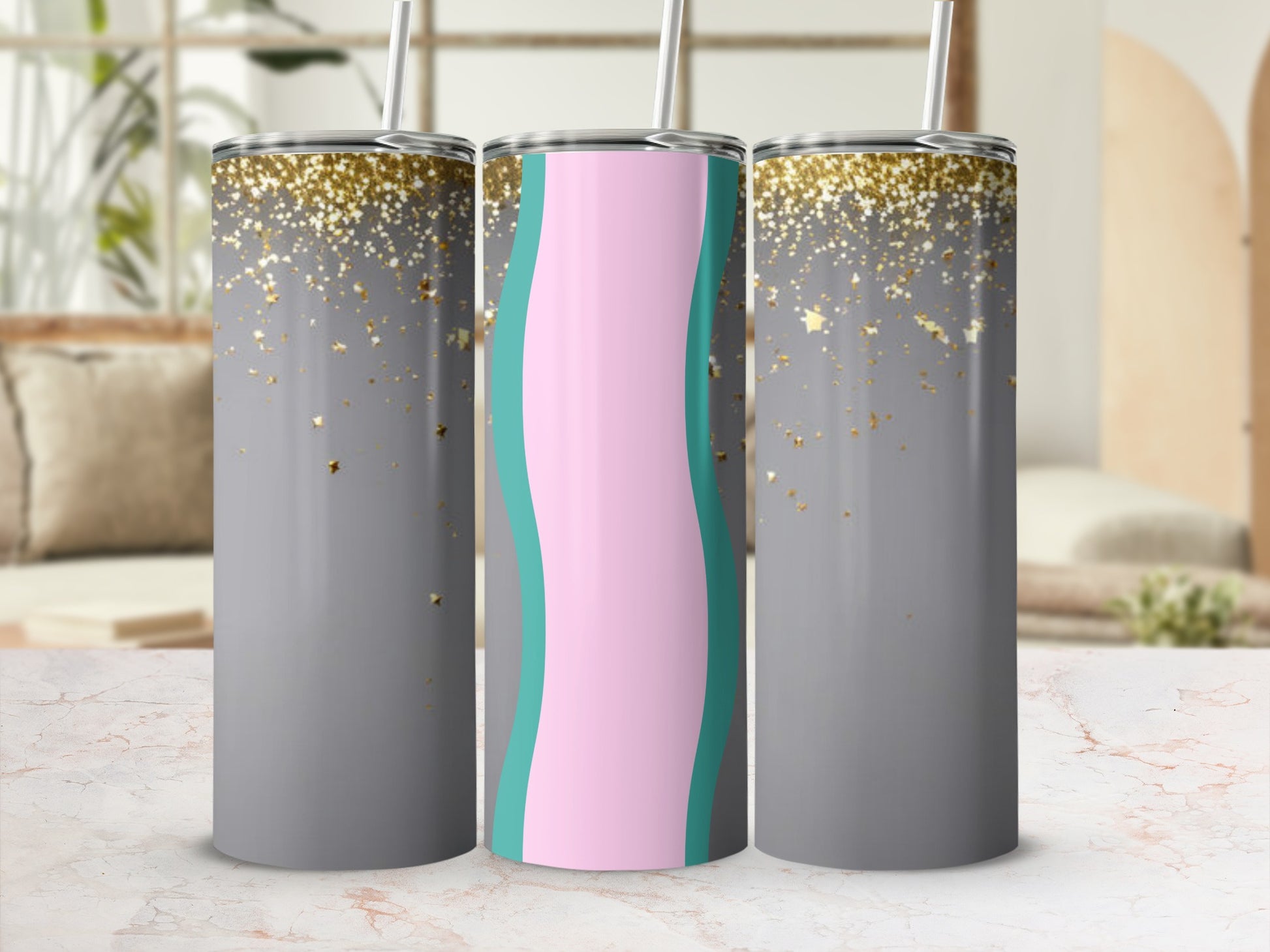 Three gray tumblers with gold glitter and a teal and pink wave design.