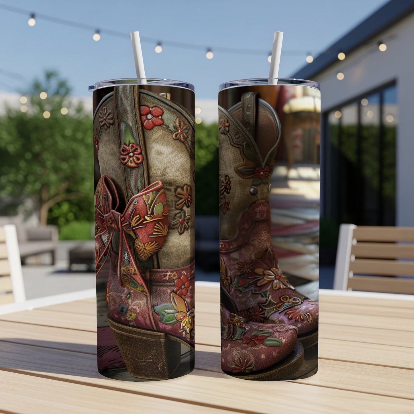 Two cowboy boots with floral and ribbon designs stand on a table.