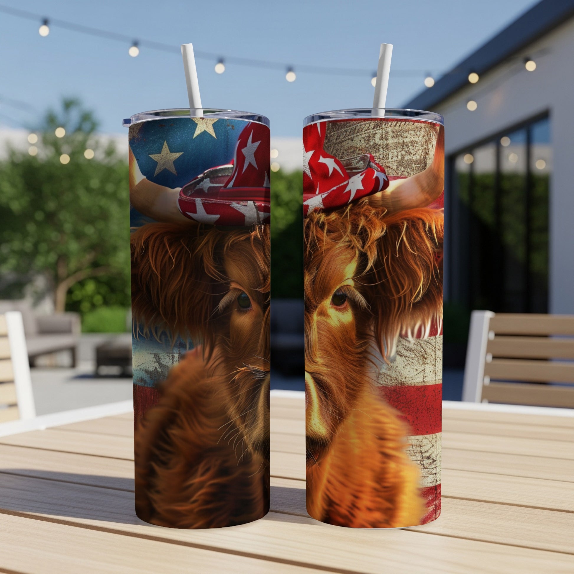 Highland cow in cowboy hat with American flag design on two tumblers.