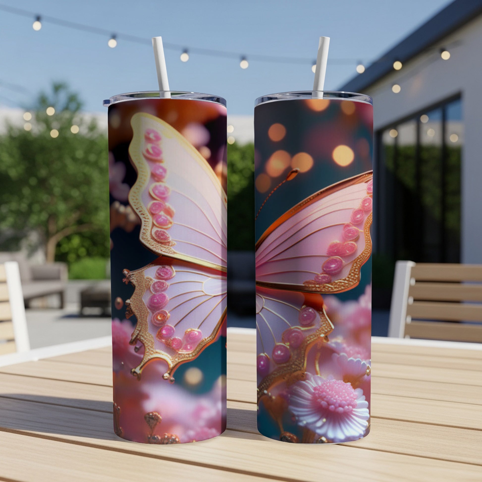 Two tumblers with a pink butterfly and floral design on a wooden table.