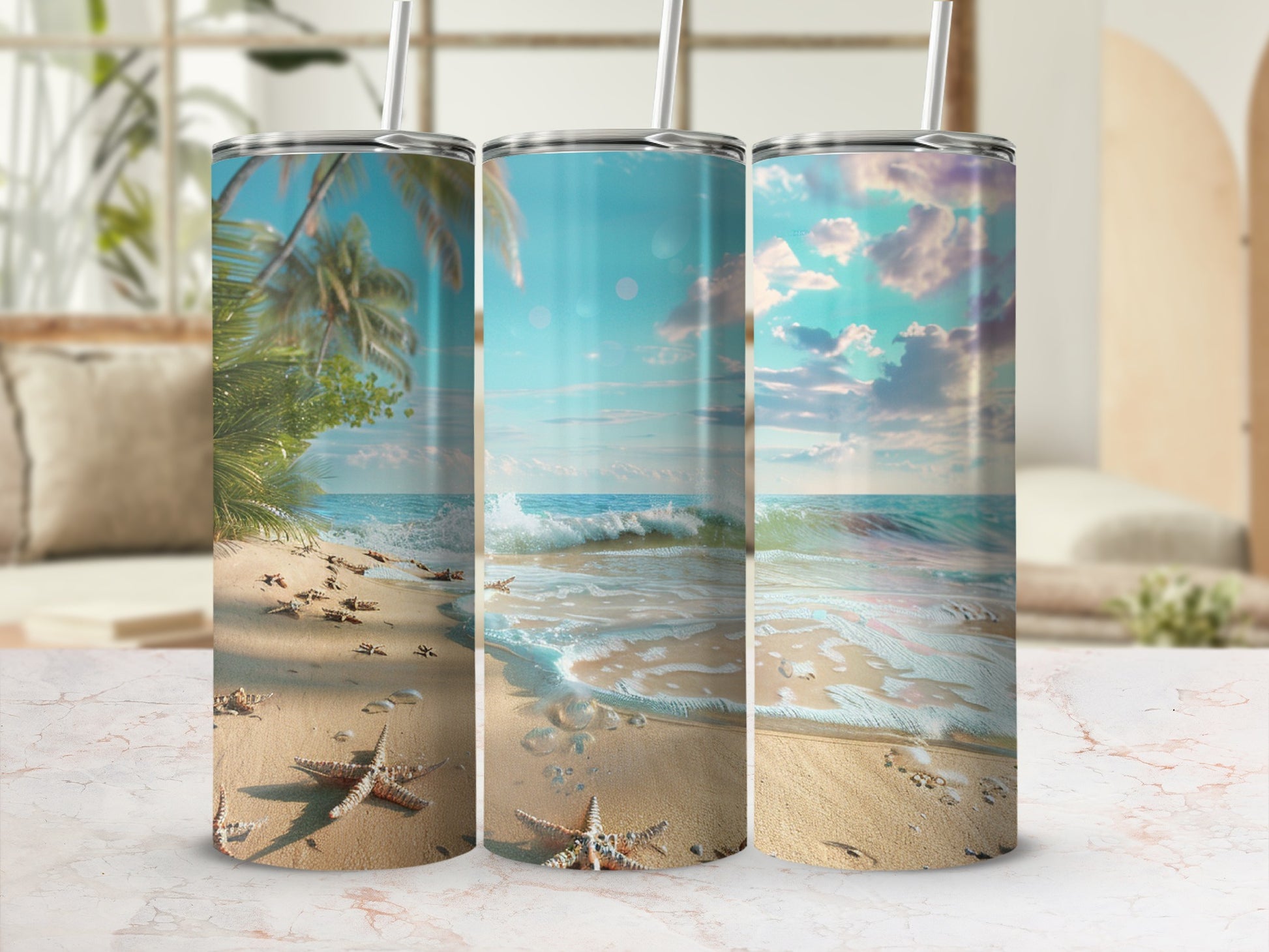 Three beach-themed tumblers featuring starfish and ocean waves.