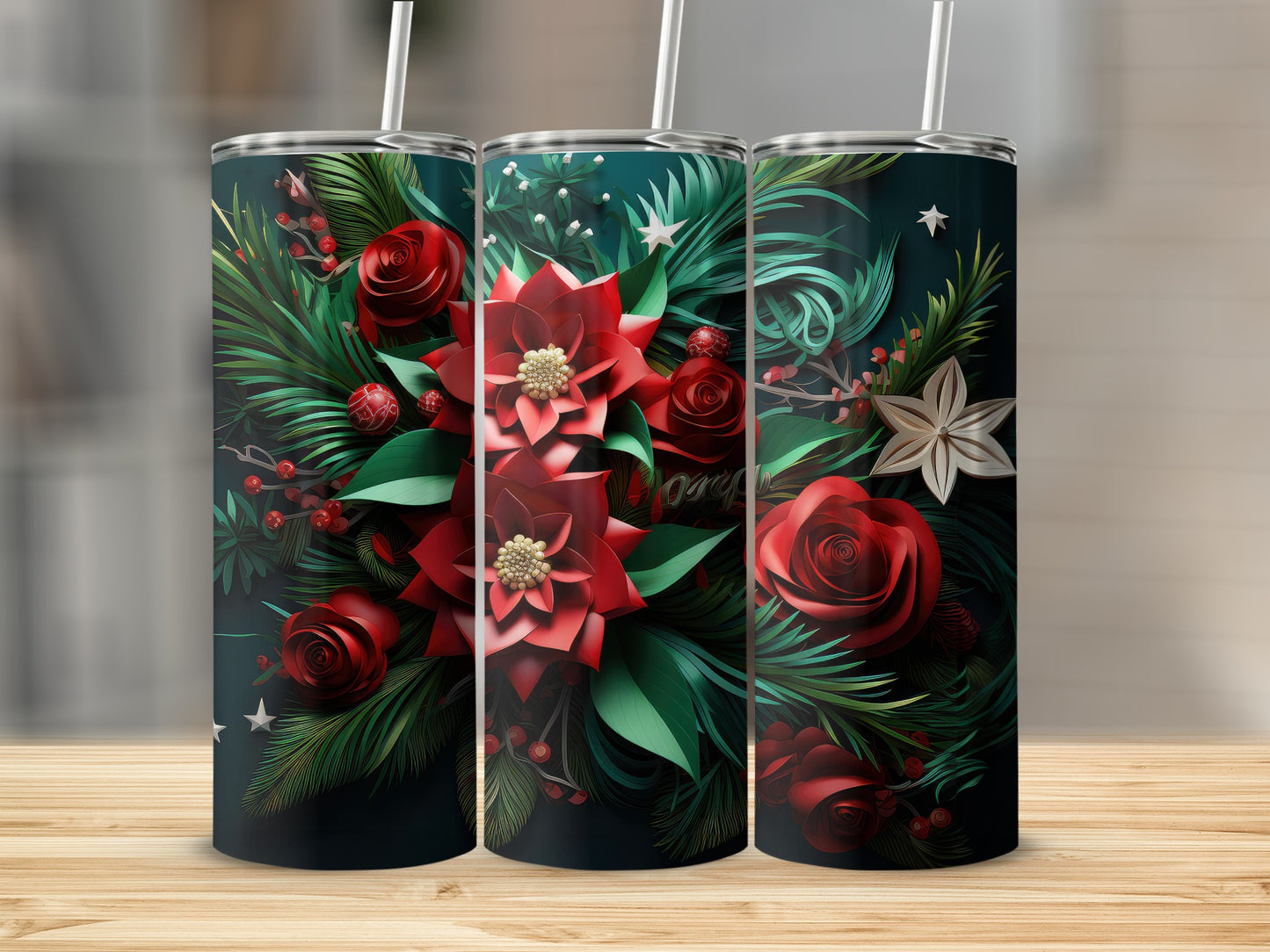 Three tumblers with a festive Christmas floral and evergreen design.