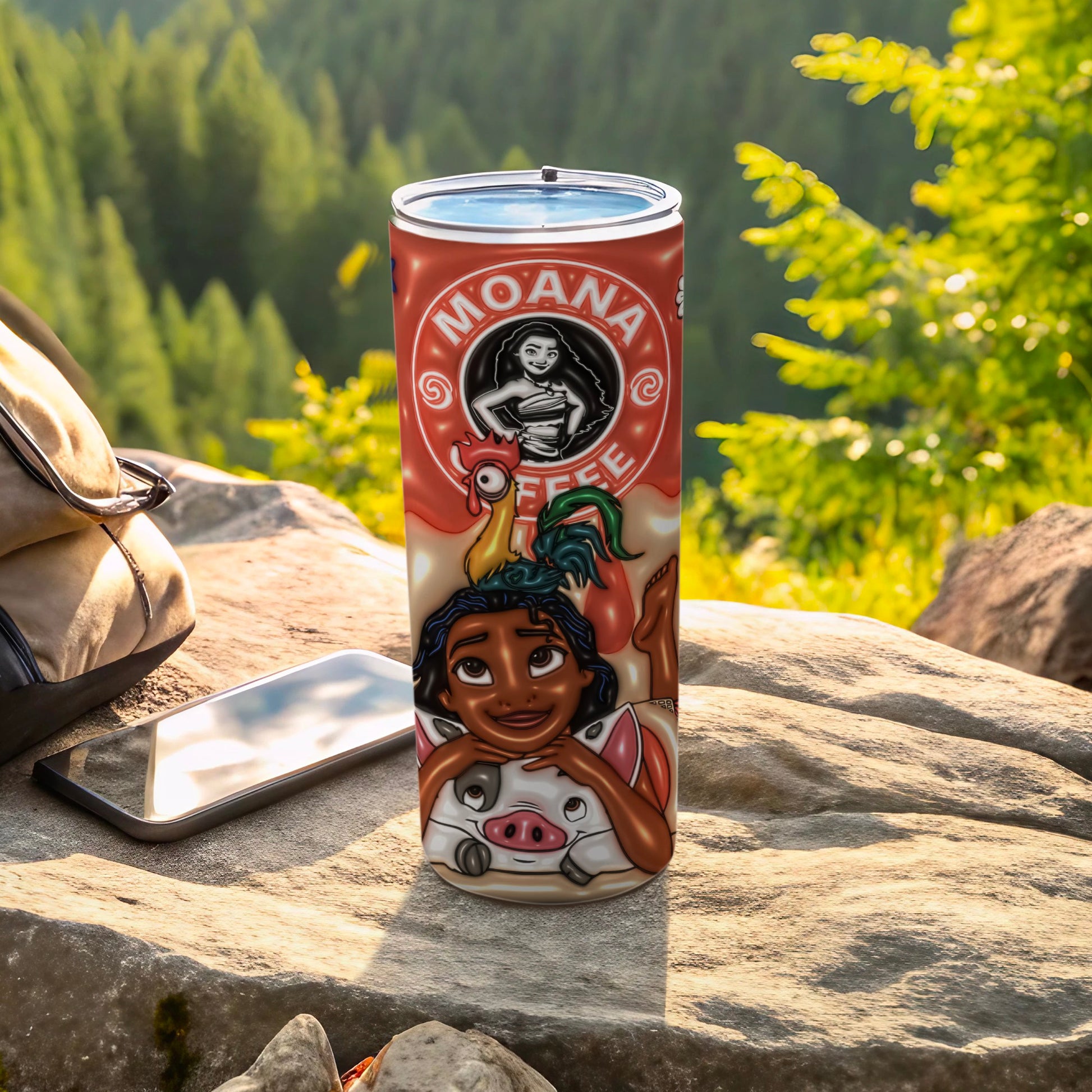 Moana Coffee Travel Tumbler with Pig and Chicken Design