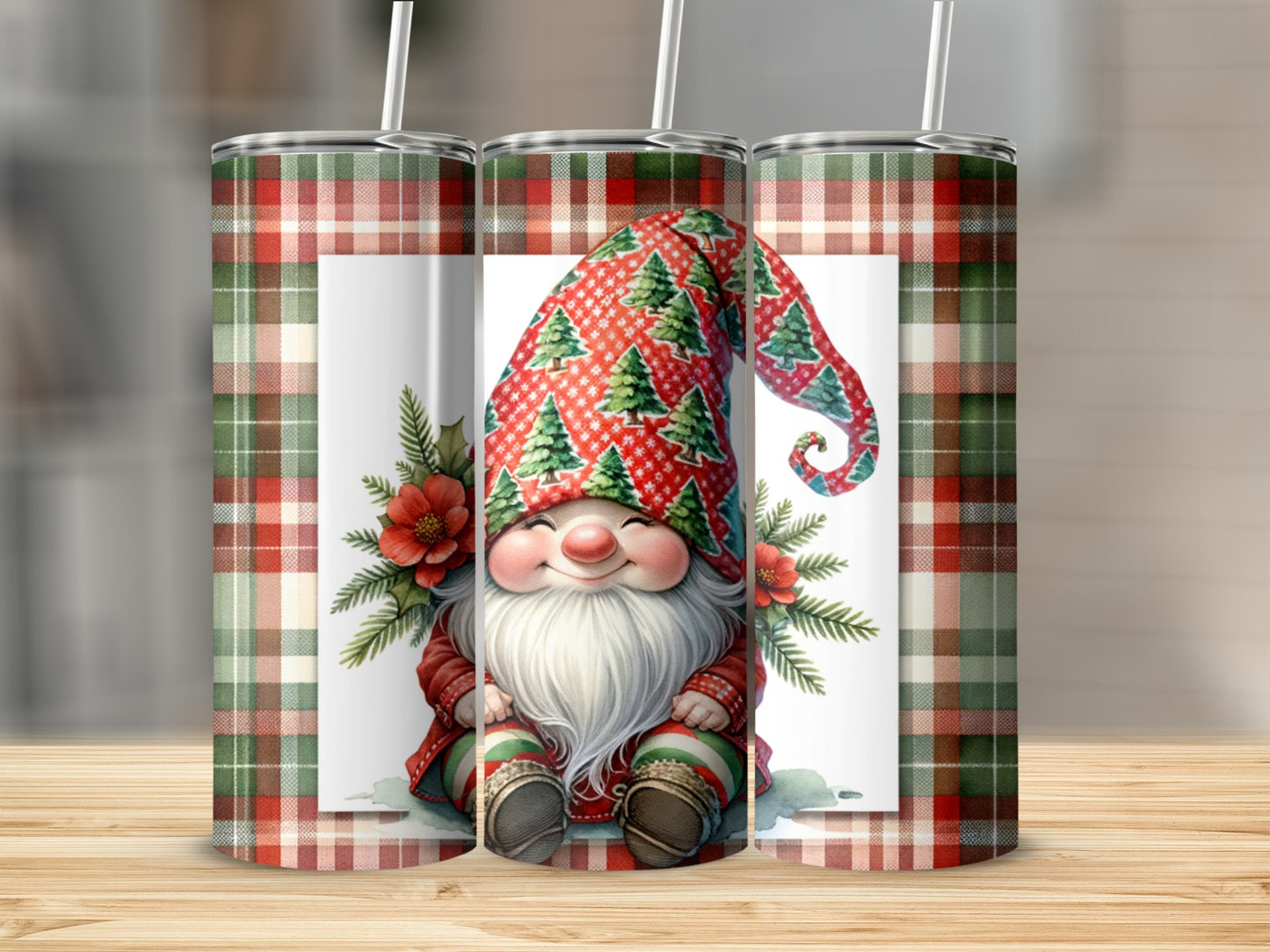Gnome with Christmas tree hat and red flowers on plaid background.