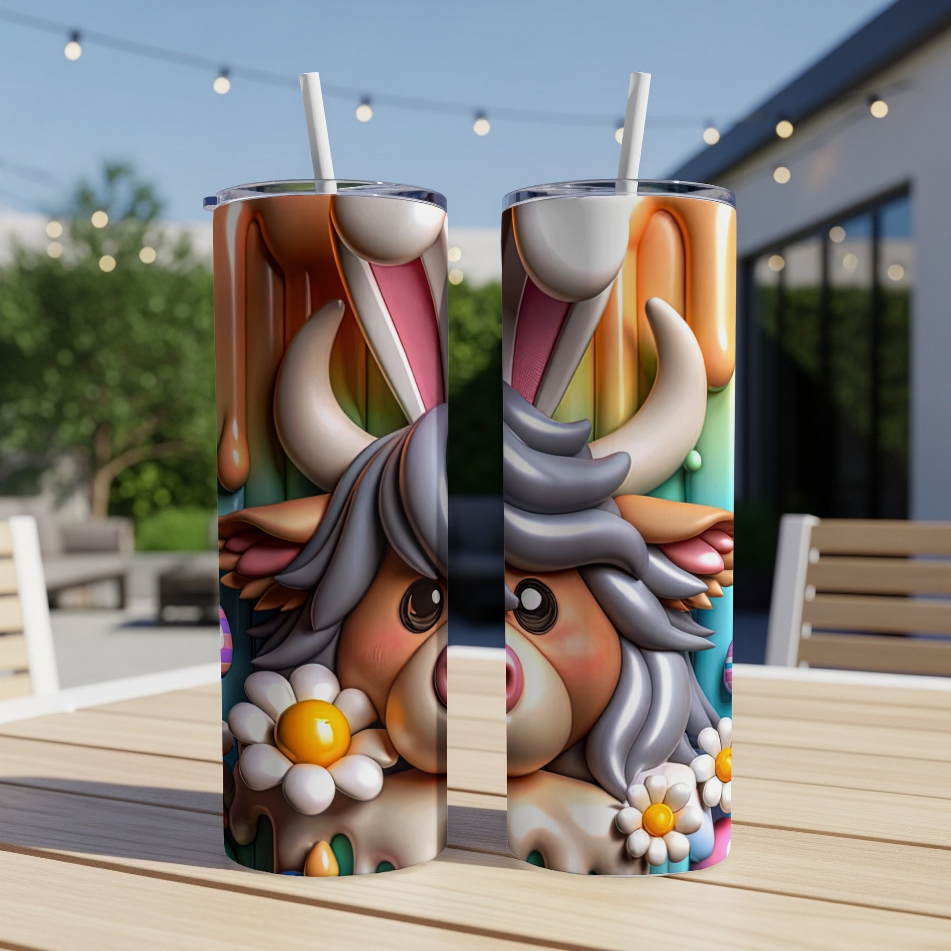 Cute cartoon cow with bunny ears and colorful floral details.