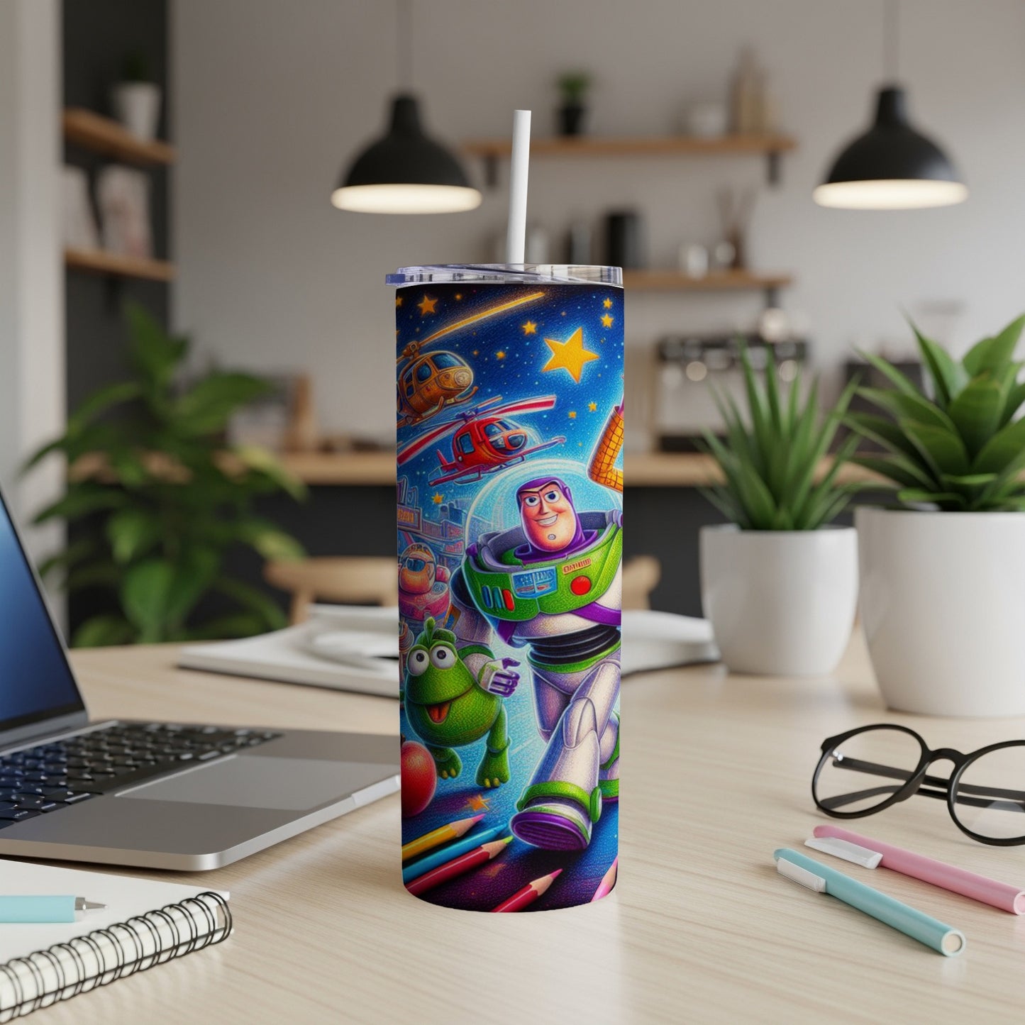 Buzz Lightyear and alien character on a colorful tumbler with starry background.