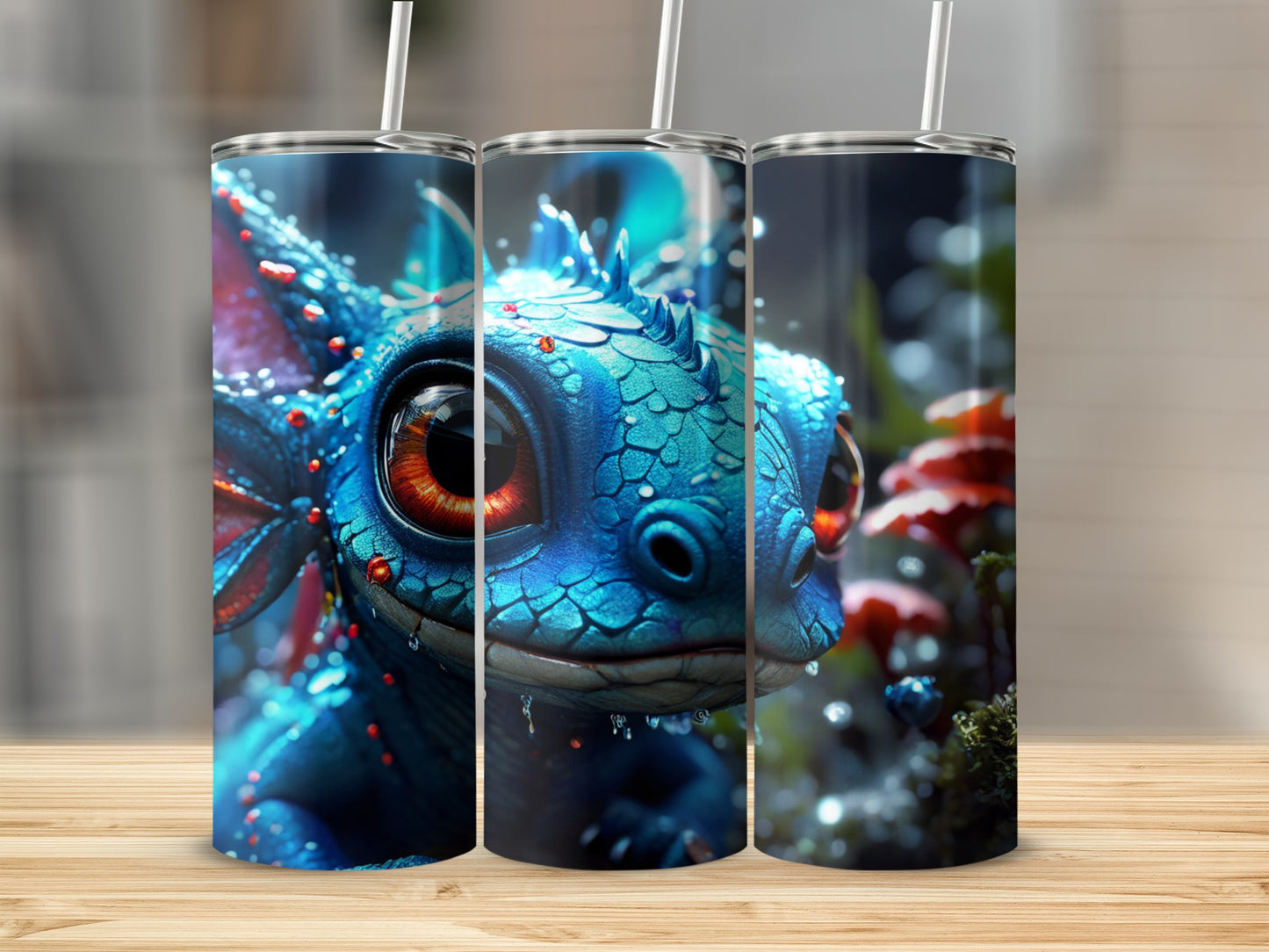 Blue dragon tumbler with large red eyes and scales.