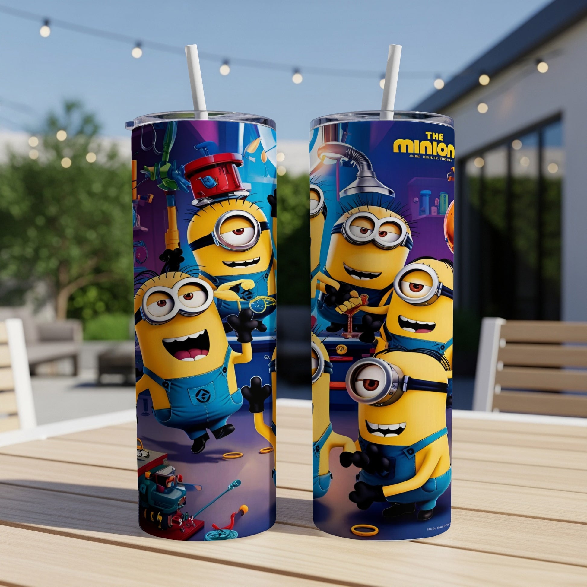 Minions in overalls with goggles on a yellow background, holding tools.