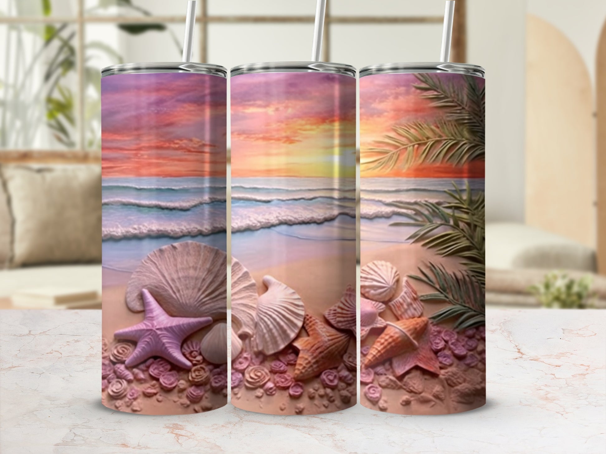 Sunset beach scene with seashells, starfish, and palm fronds on a tumbler.