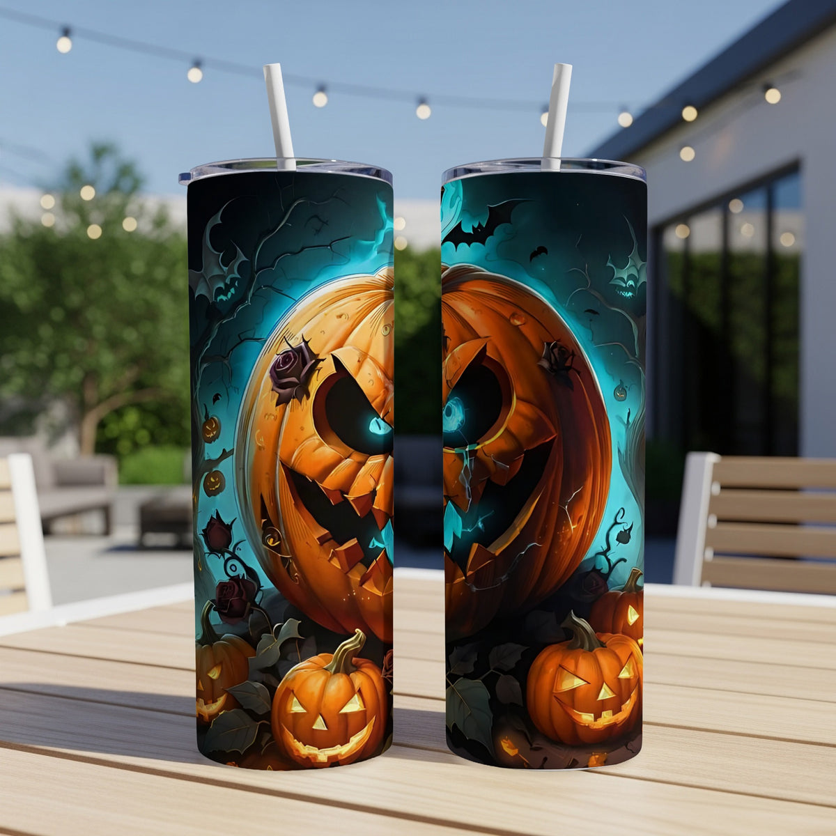 Two tumblers with a spooky Halloween pumpkin design and bats, displayed outdoors.