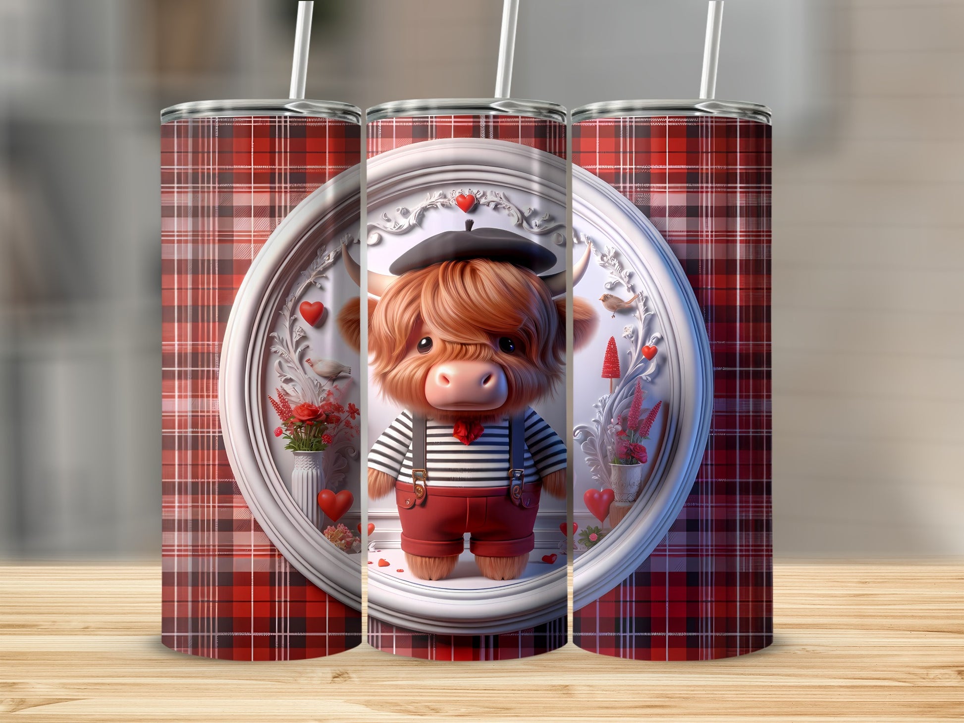 Scottish Highland cow wearing beret and suspenders in decorative frame.