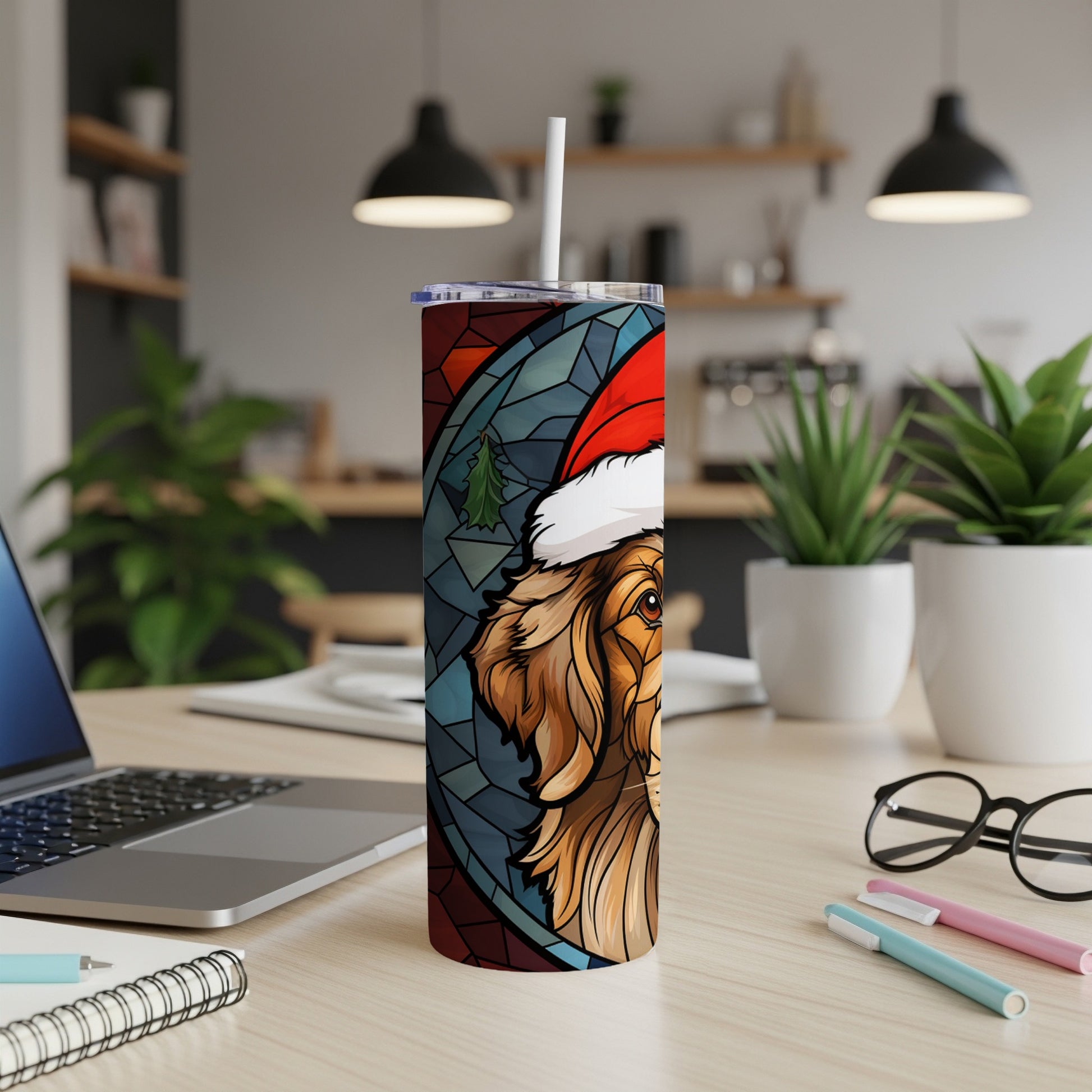 Golden retriever wearing a Santa hat, with stained glass-style art.