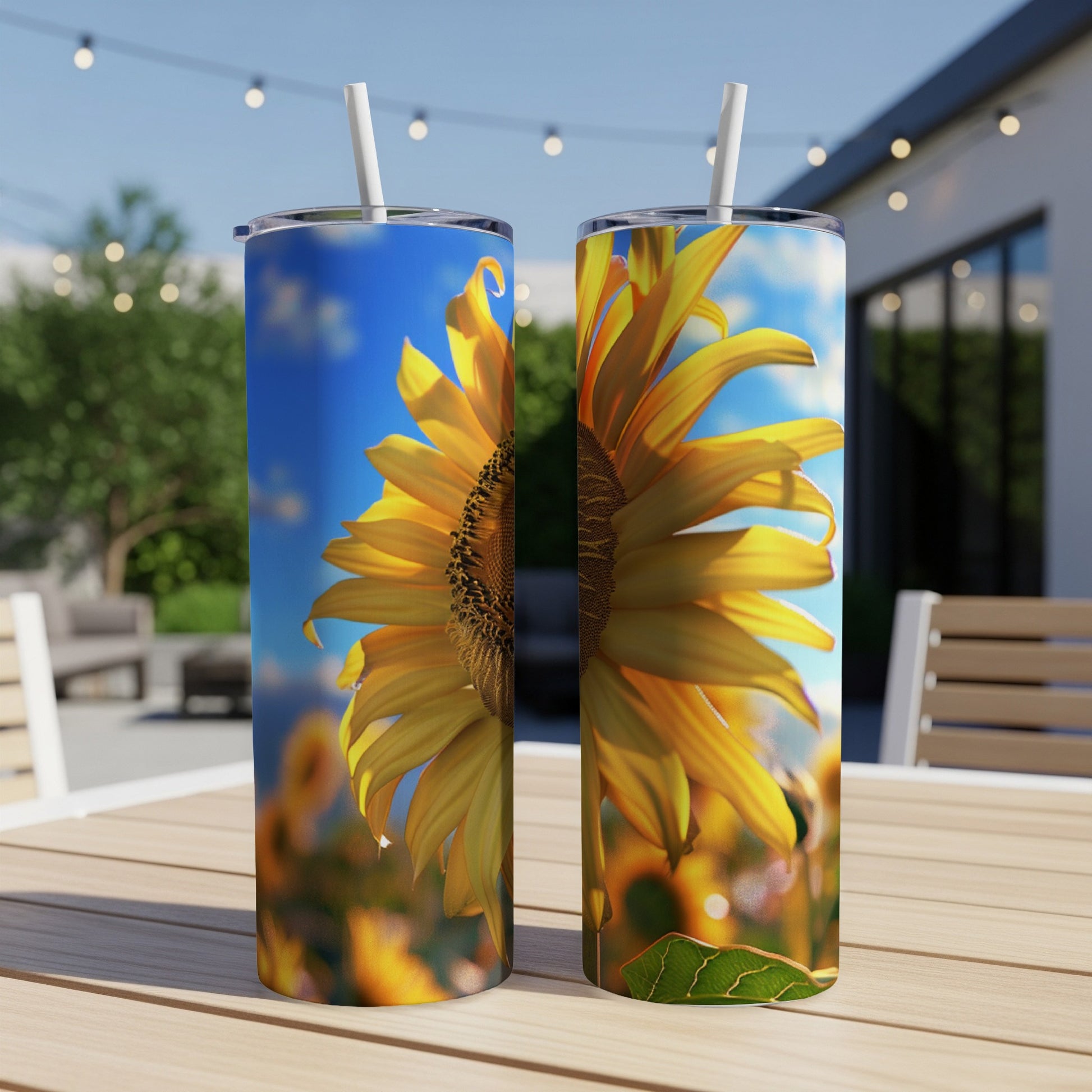 Two tumblers with close-up sunflower prints sit on a table outdoors.