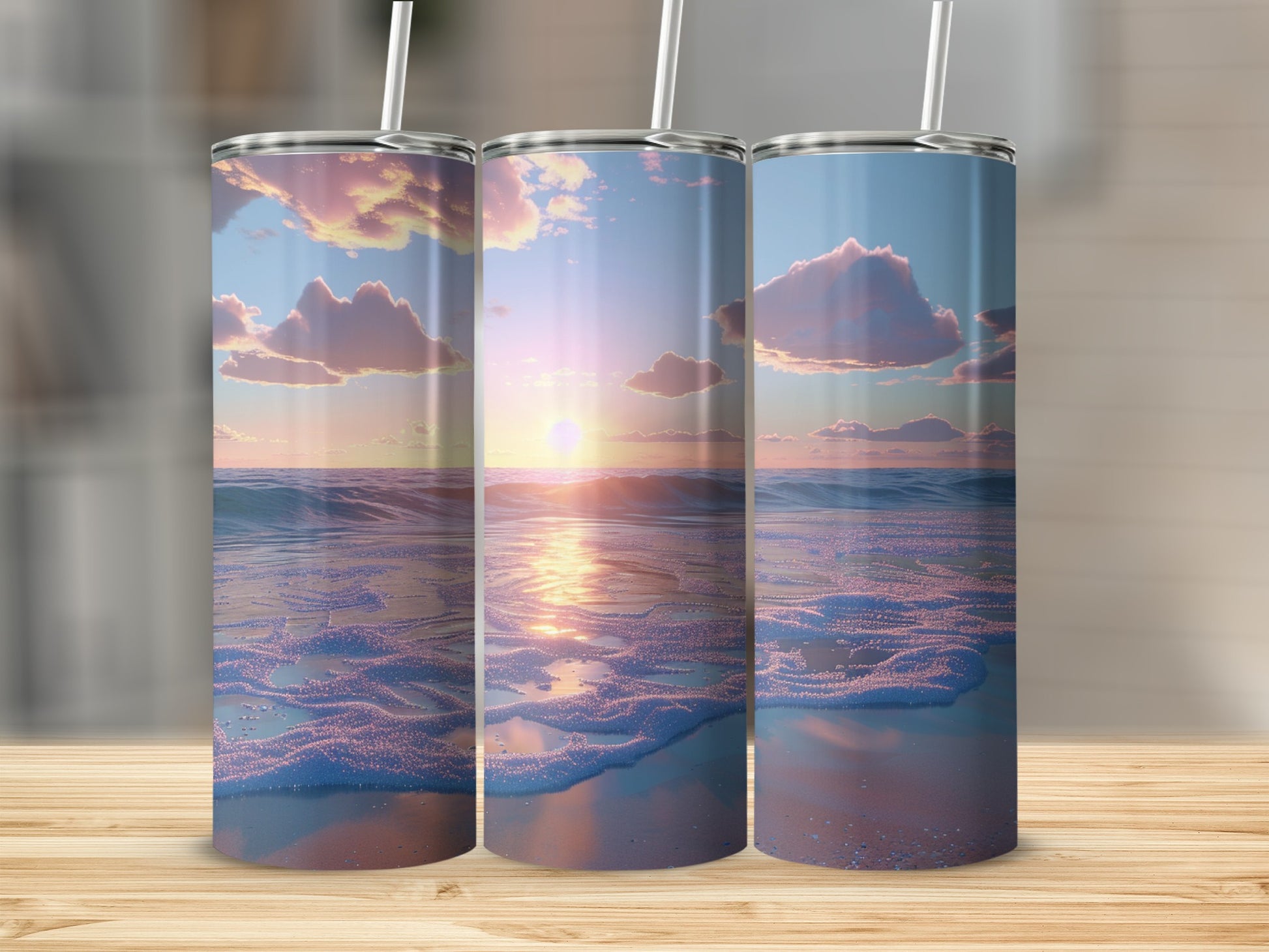Sunset over the ocean with foamy waves, displayed on three tumblers.