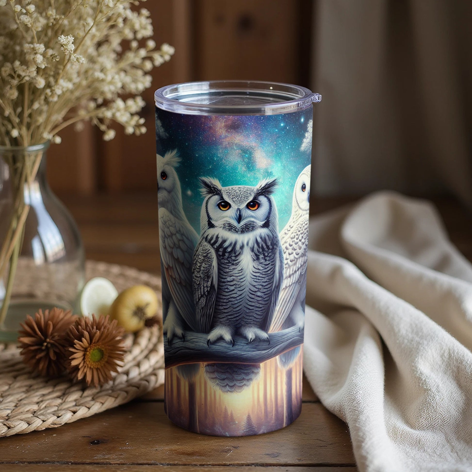 Majestic Owl Art Tumbler with Galaxy Background Tumbler