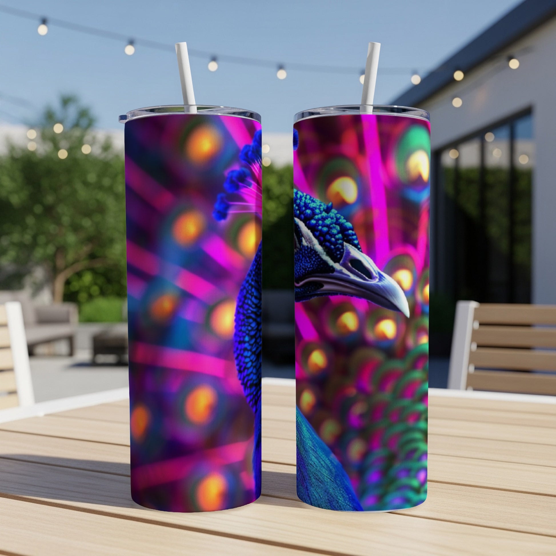 Two tumblers with a vibrant peacock feather design sit on a table.