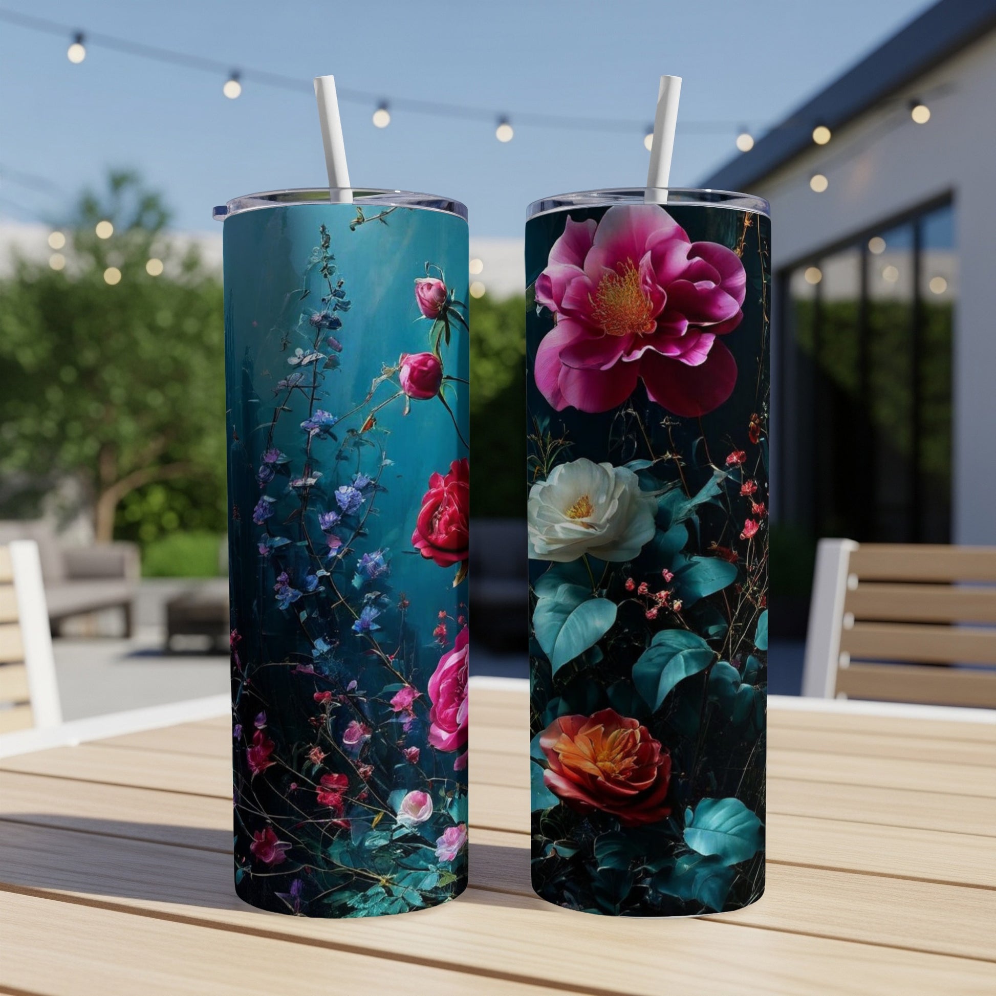 Two tall tumblers featuring a dark floral design with roses and blue flowers.