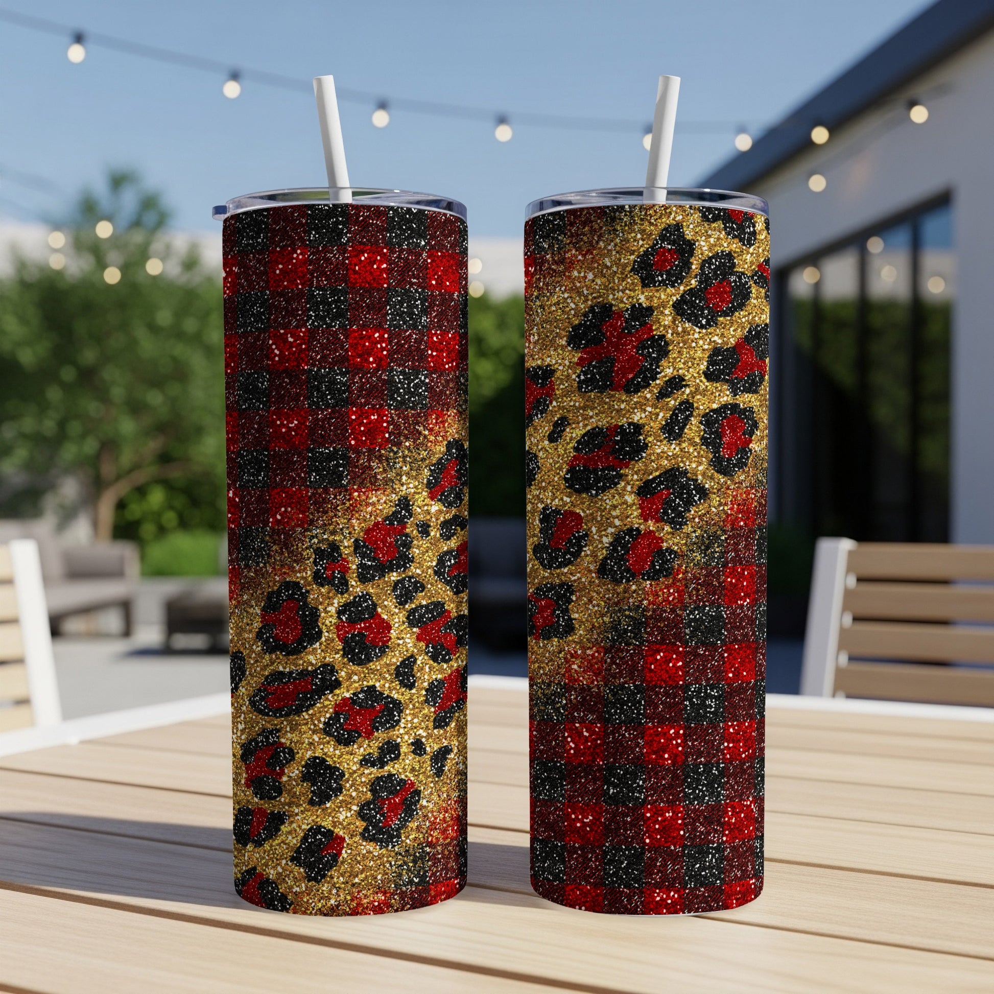 Two tumblers with leopard print and plaid patterns, one with glitter.