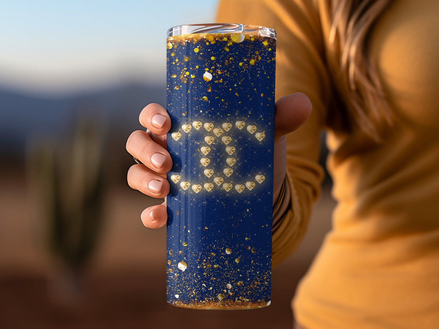 Sparkling Blue Tumbler with Gold Glitter Design