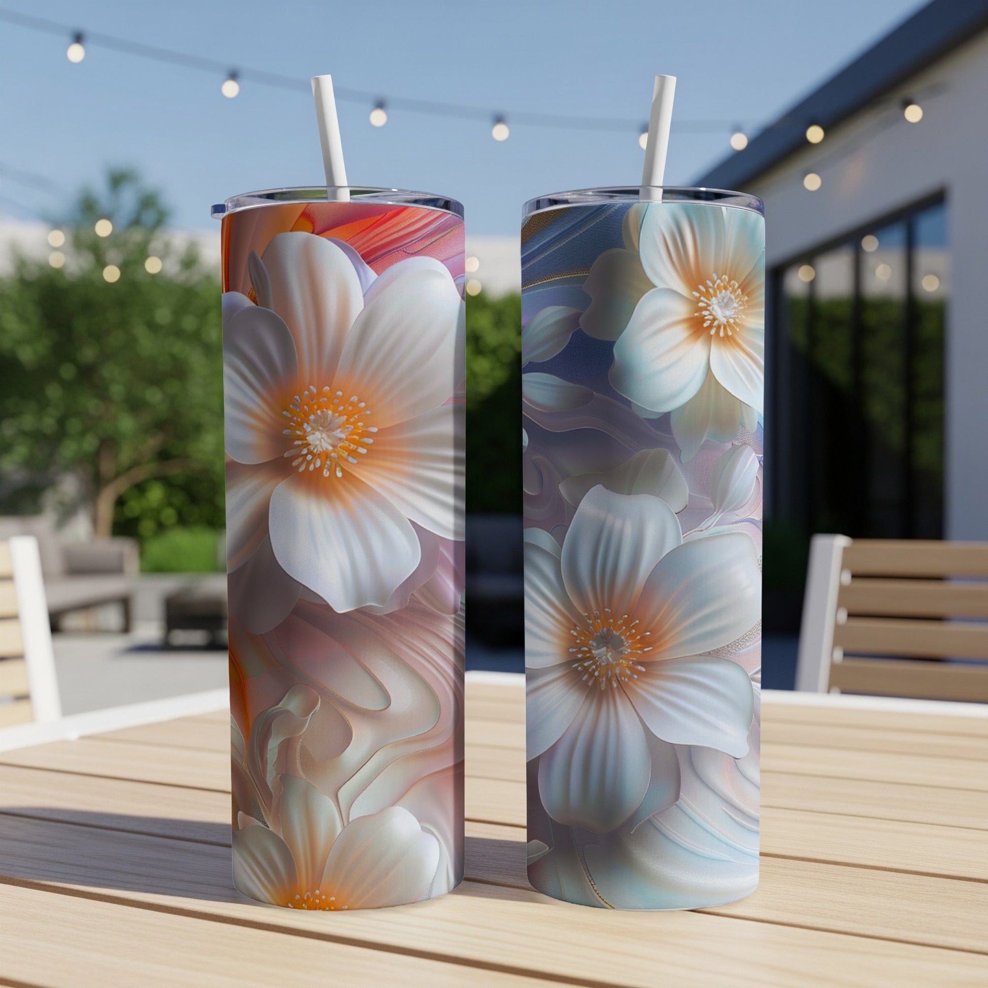 Two tall, skinny tumblers with floral patterns sit on a wooden table.