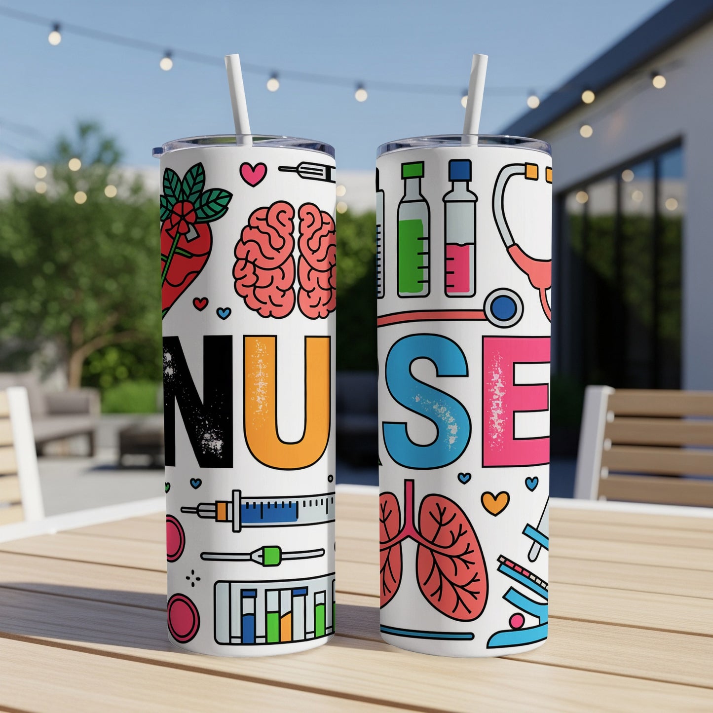 Two tumblers with medical illustrations and the word "NURSE" on them.