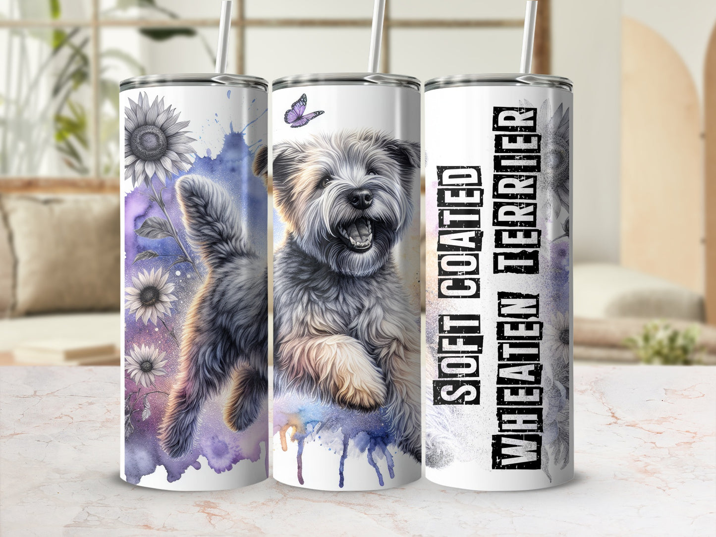 Wheaten Terrier tumbler with sunflowers and watercolor splashes.