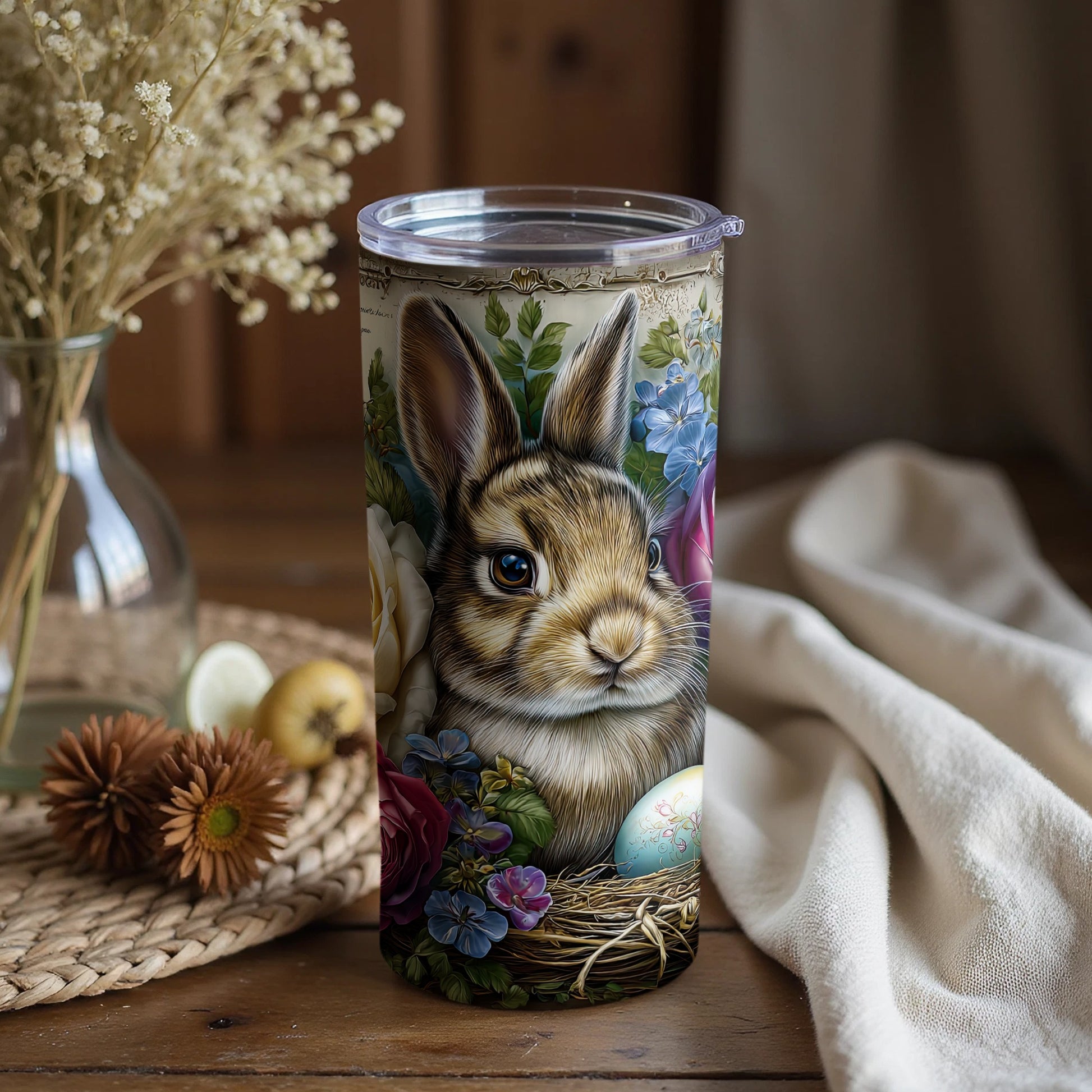 Cute Bunny Floral Artwork Tumbler for Beverages