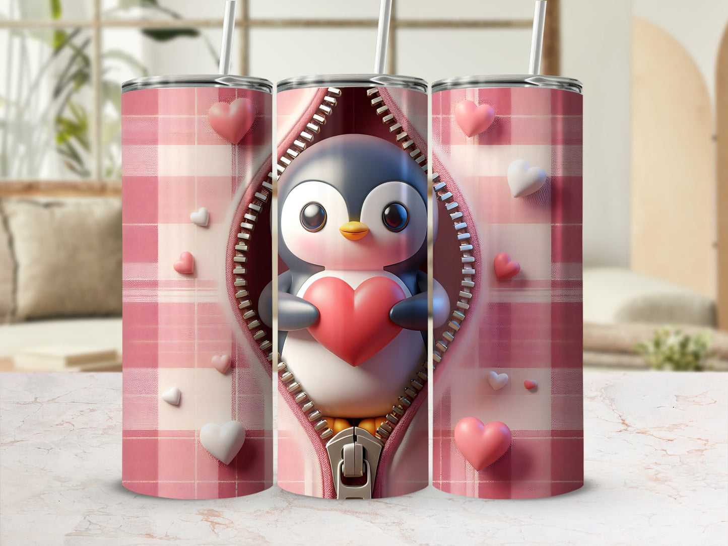 Tapered tumbler with pink plaid pattern featuring a cartoon penguin holding a heart.