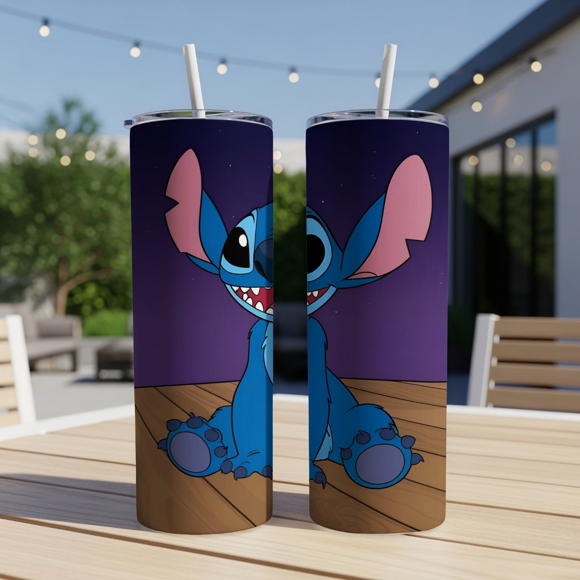 Two tumblers featuring Stitch from Lilo & Stitch on a wooden deck.