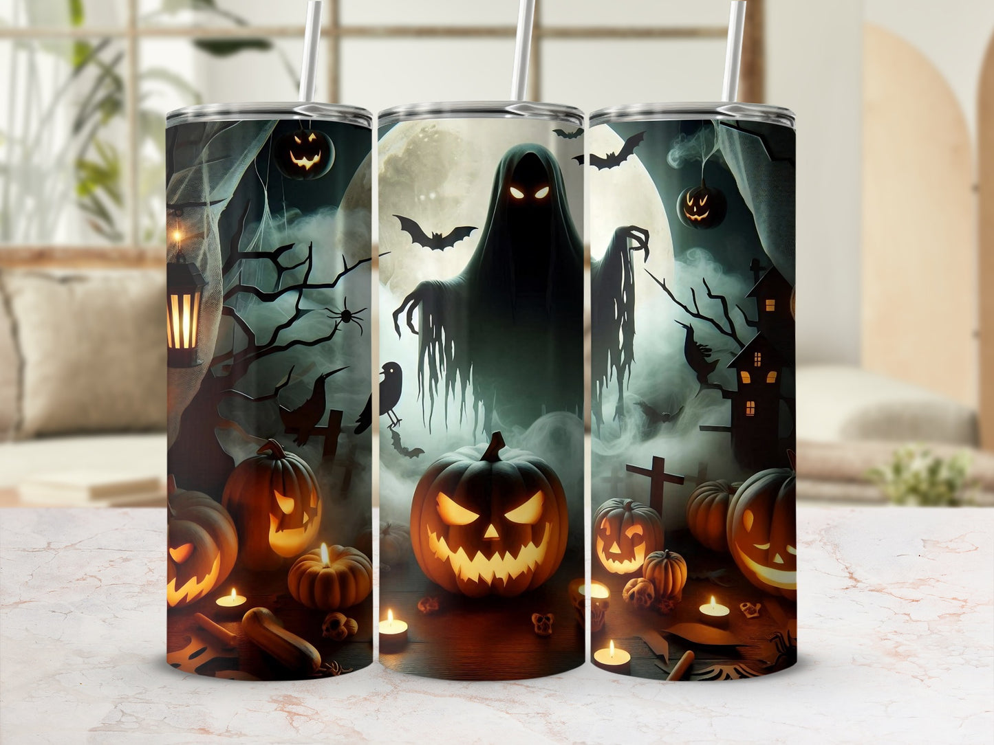 Halloween tumblers with ghost, pumpkins, bats, and spooky graveyard scene.