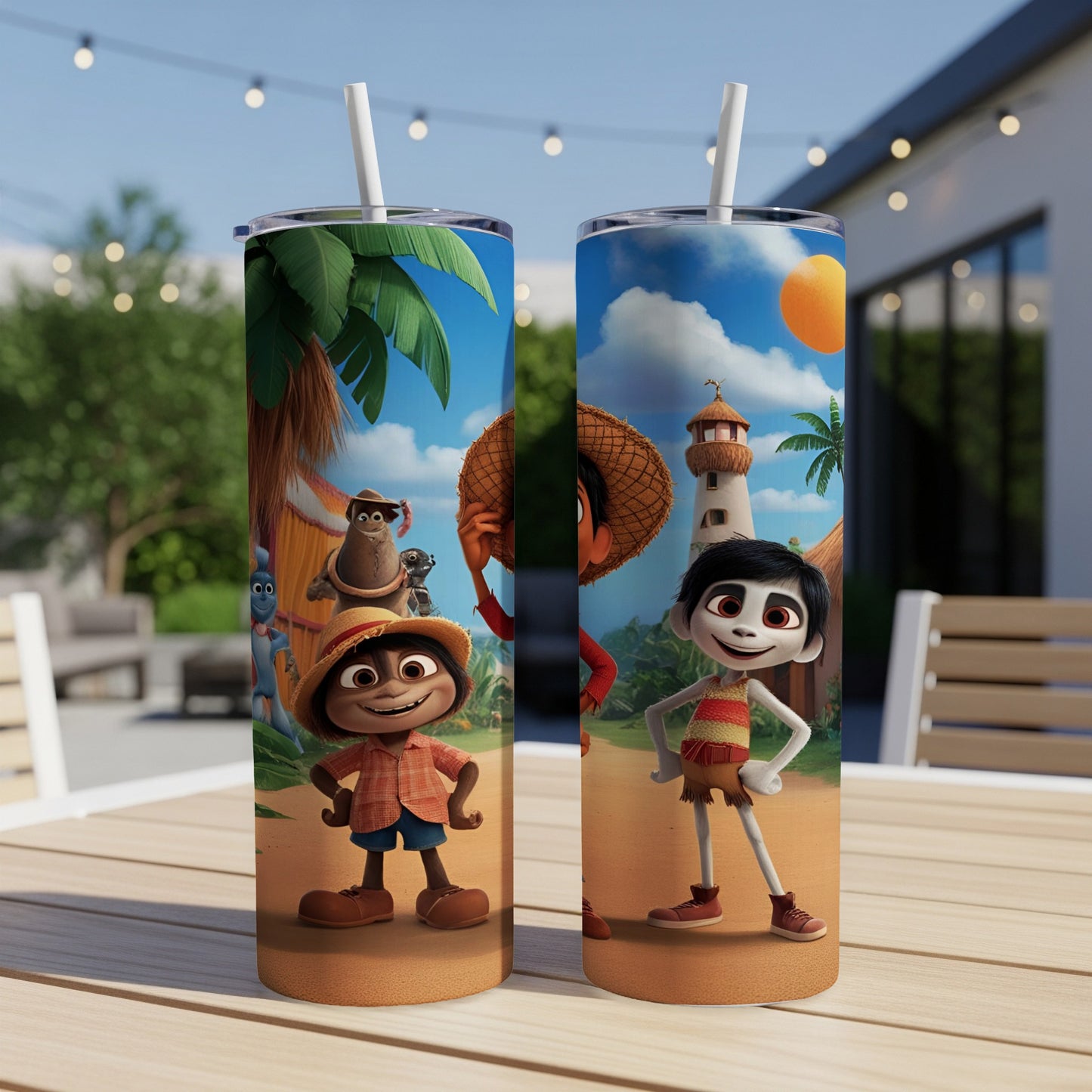 Two cartoon characters, a monkey and a boy, stand on a beach in front of tropical scenery.