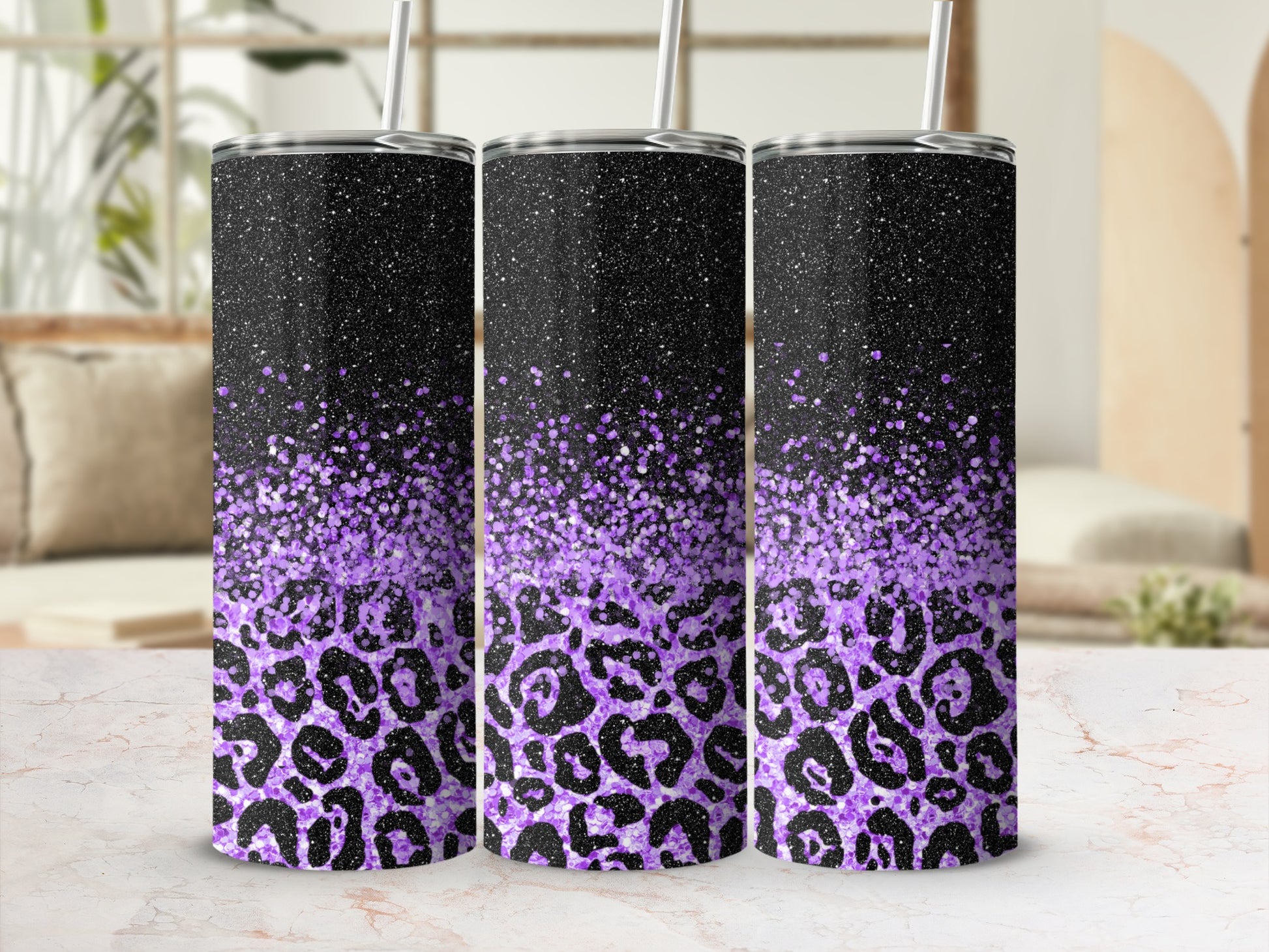 Glitter Purple Leopard Tumbler With Straw Tumbler Cup