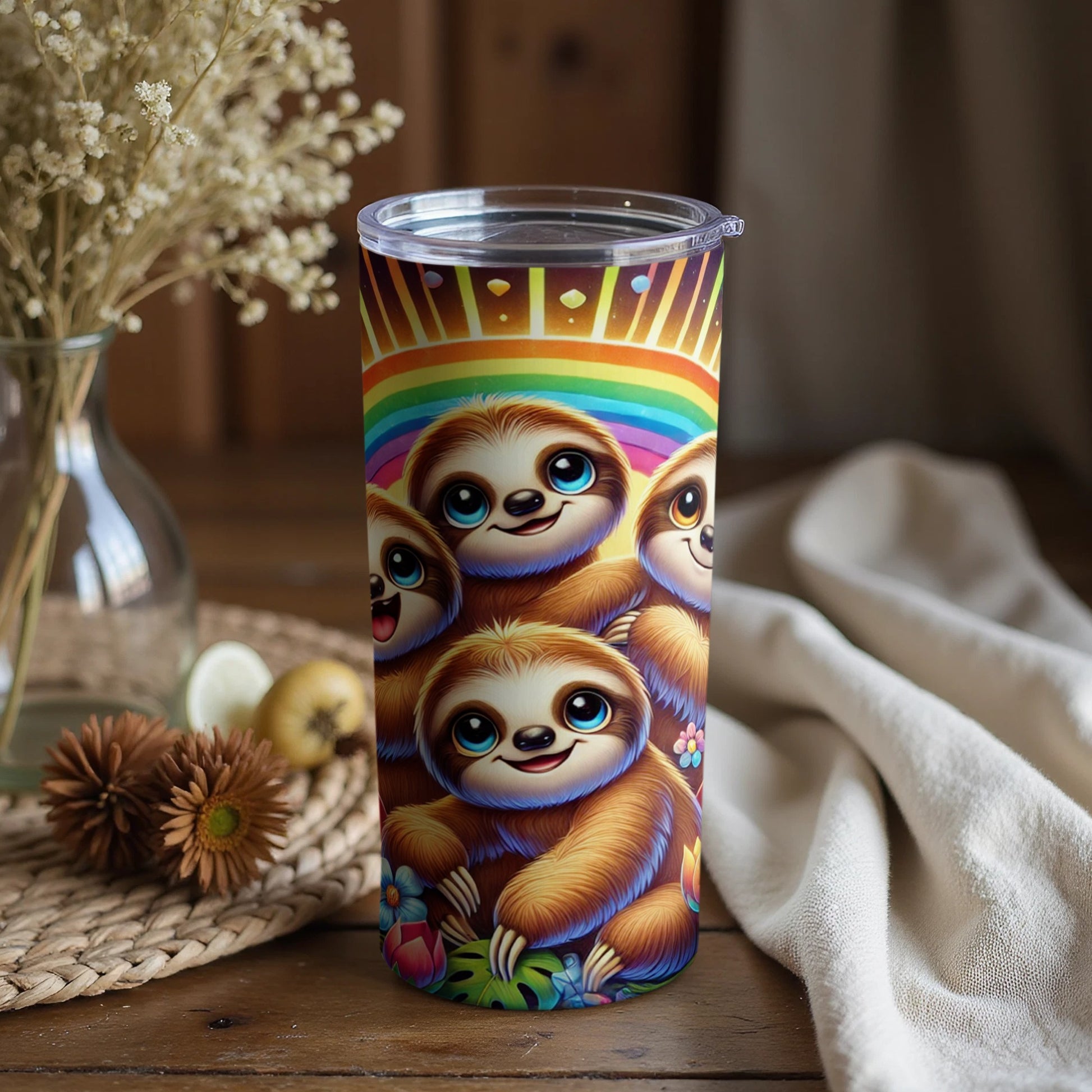 Colorful Rainbow and Cute Sloth Design Tumbler Cup
