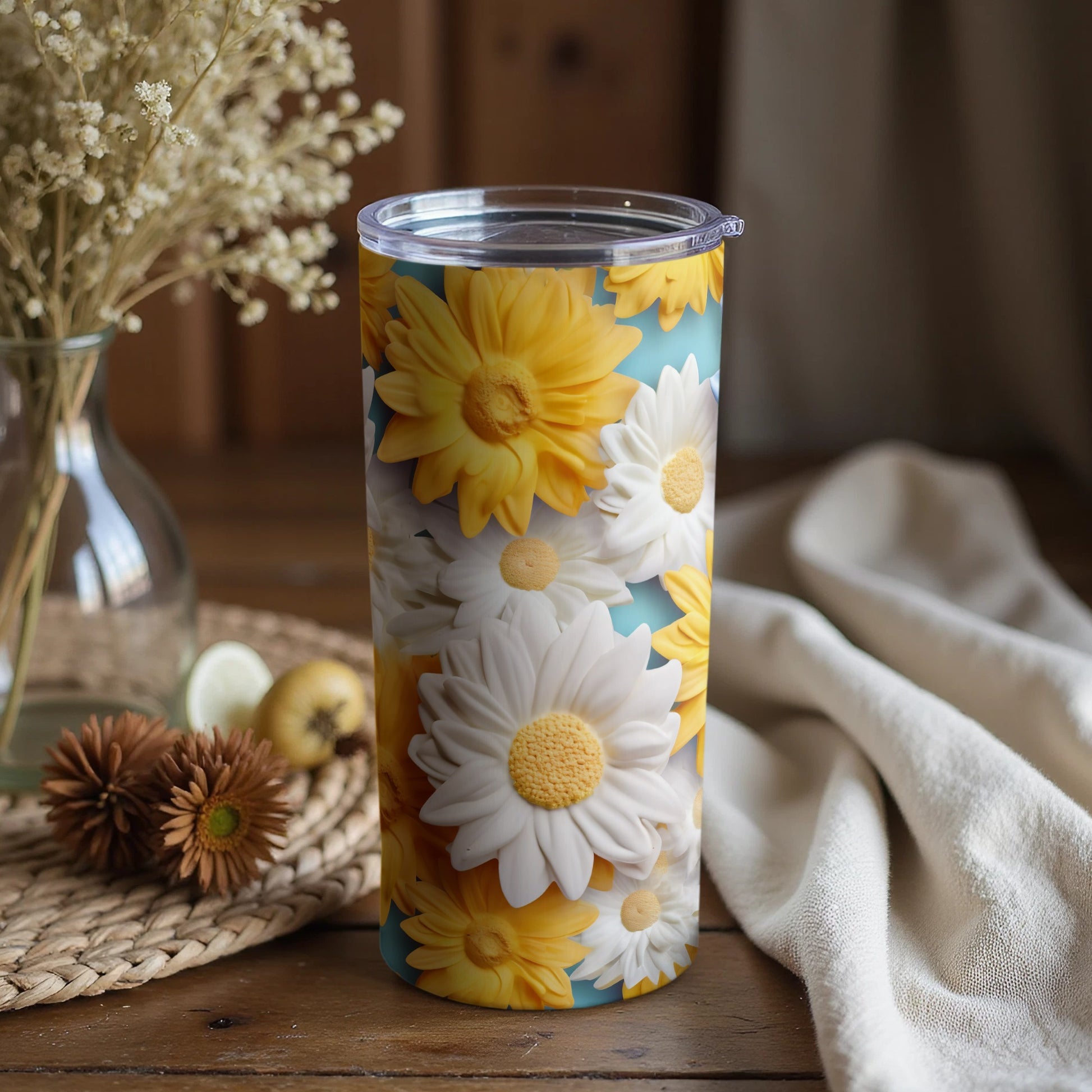 Bright Yellow and White Daisy Floral Tumbler