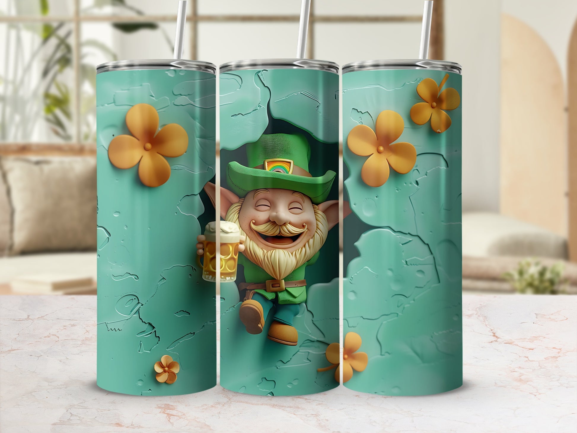 St. Patrick's Day tumbler with cheerful leprechaun holding a beer.