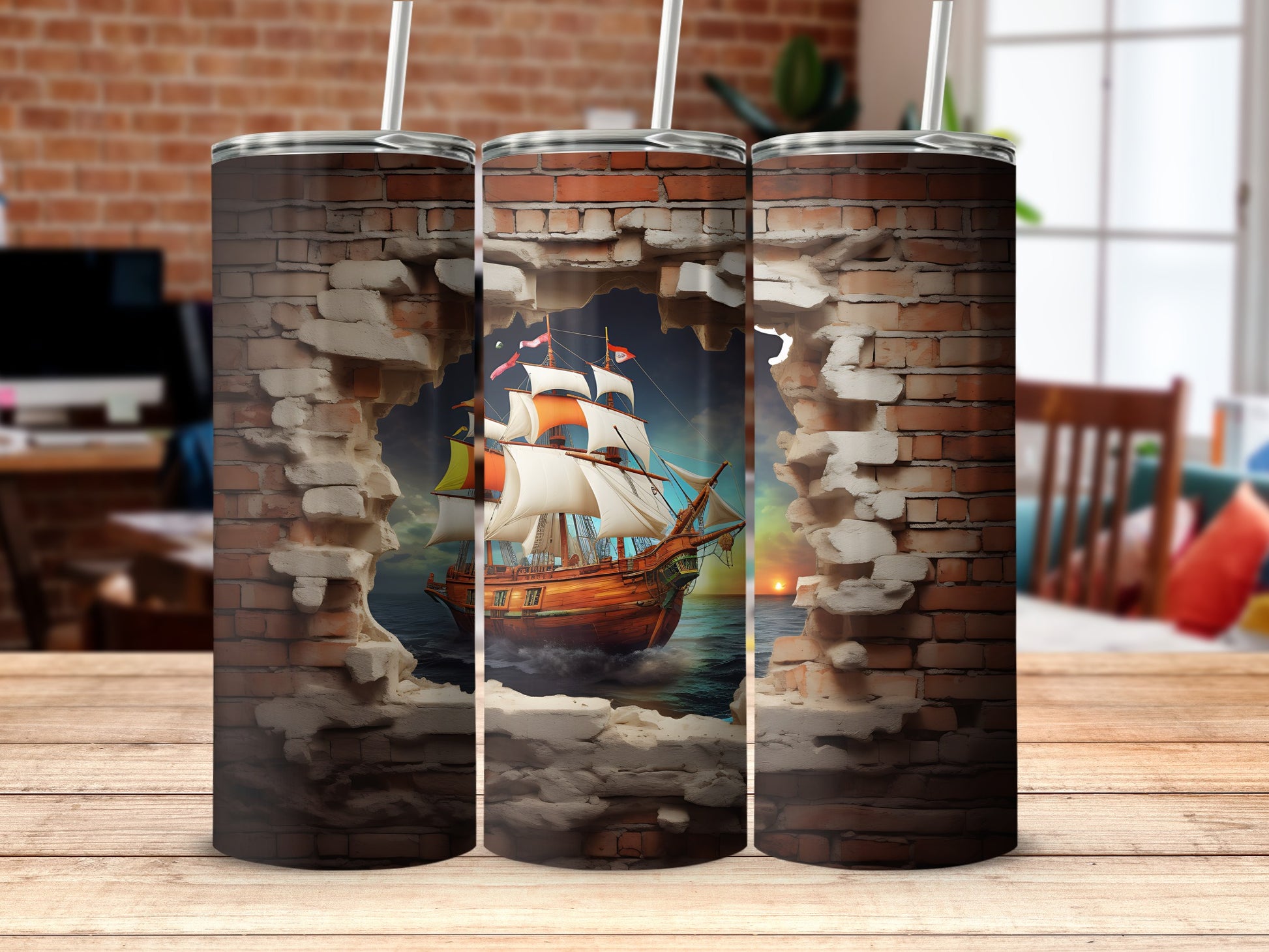 Vintage Ship Sailing Through Brick Wall Art Tumbler