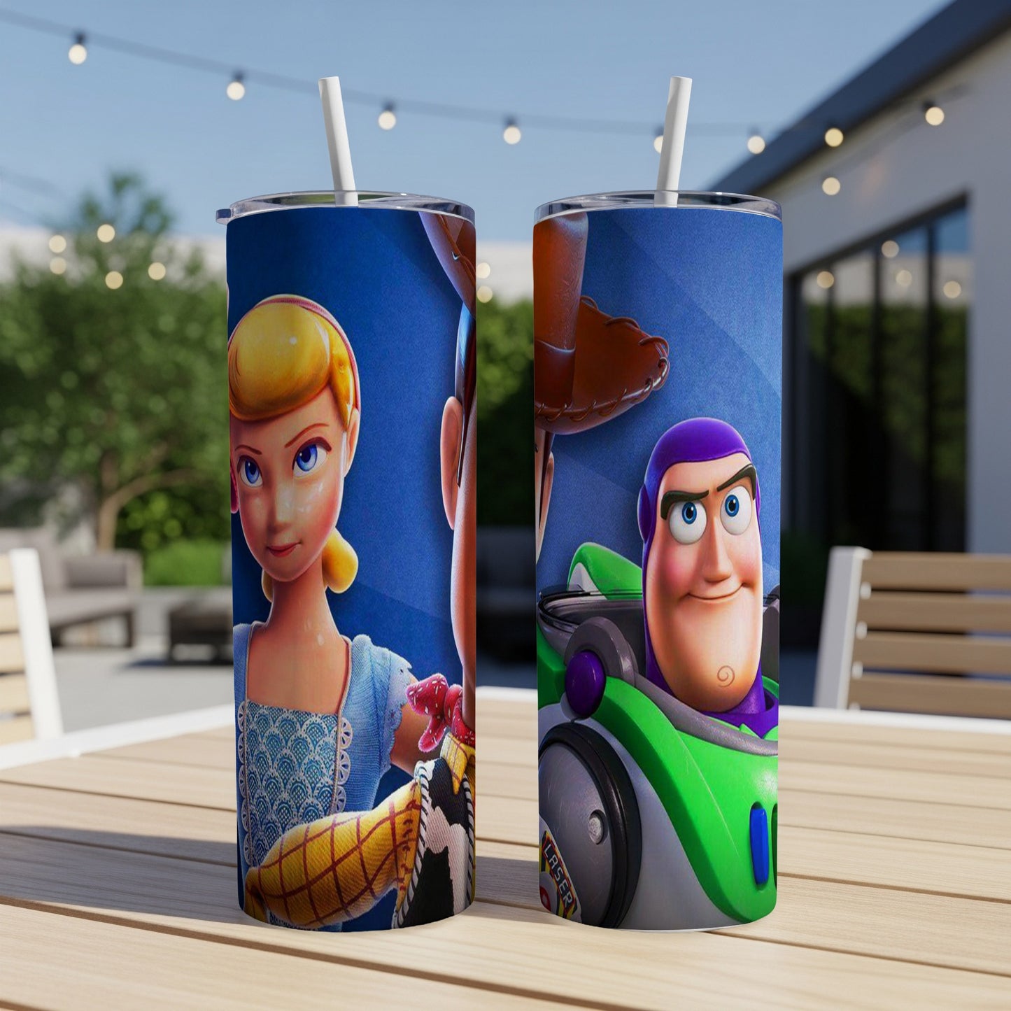 Bo Peep and Buzz Lightyear characters on a patterned tumbler cup.