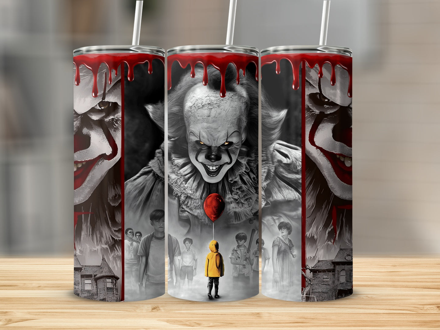 Three tumblers with Pennywise the clown, children, and a house from the movie It.
