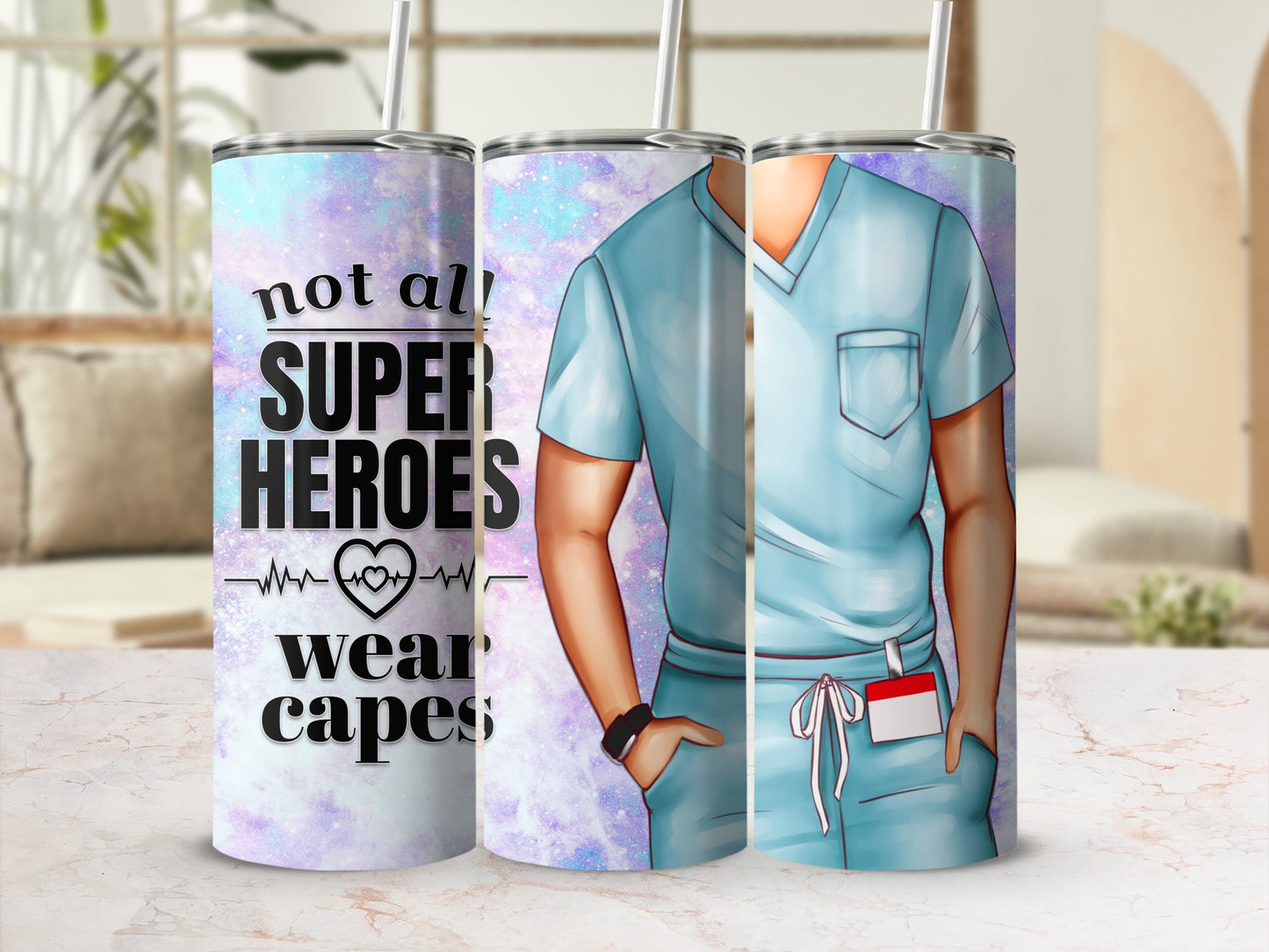 Tumbler with superhero scrubs design and text "not all superheroes wear capes".