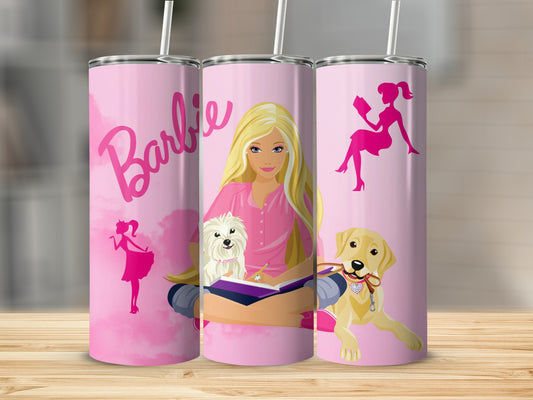 Pink Barbie Tumbler with Cute Dogs and Silhouette Art