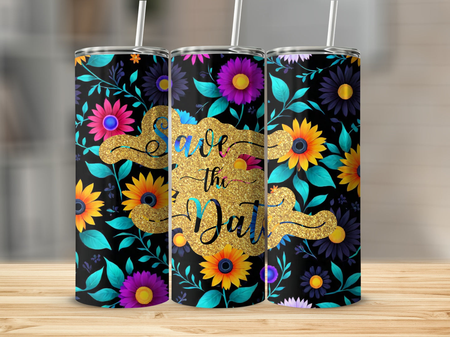 Black tumbler with floral pattern and gold "Save the Date" text.