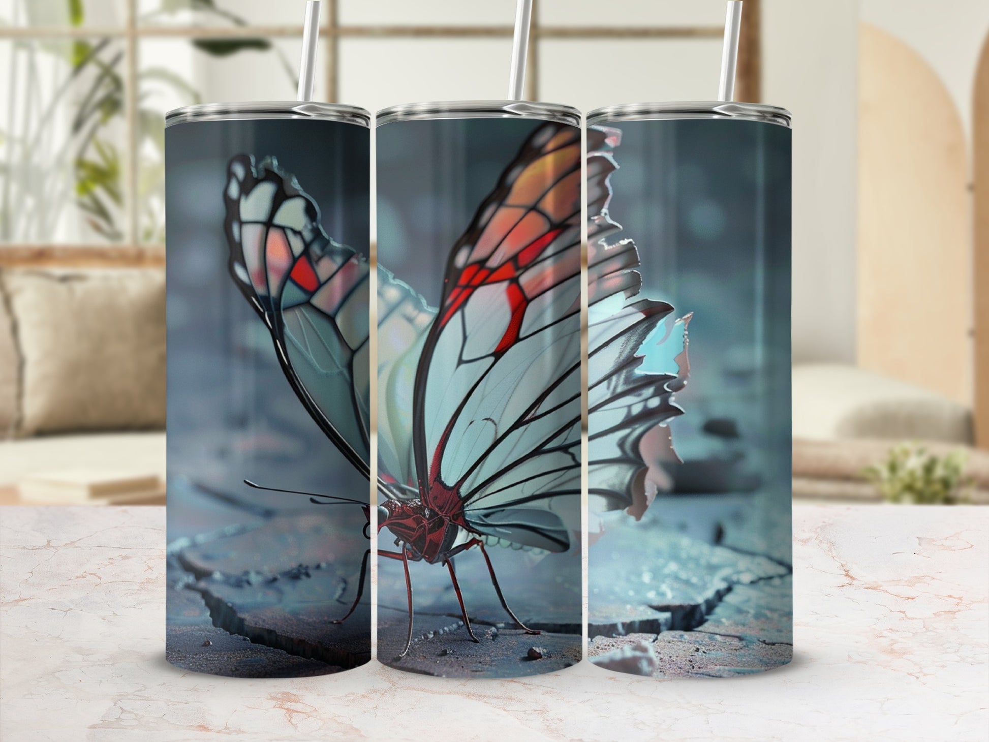 Tumbler with a close-up of a white and red butterfly on a cracked surface.