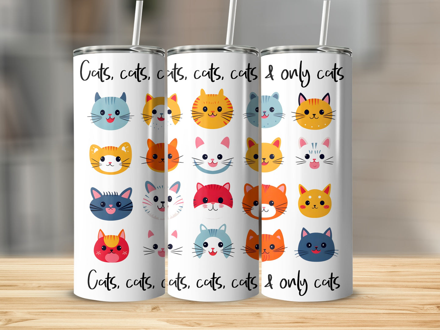 Various cartoon cat faces with text "Cats, cats, cats, cats, cats & only cats".