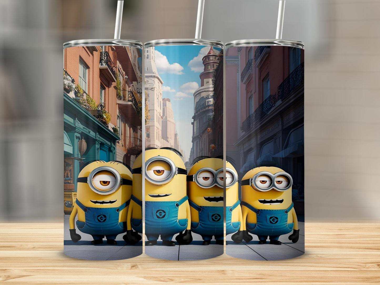 Four Minions stand on a city street with colorful buildings.