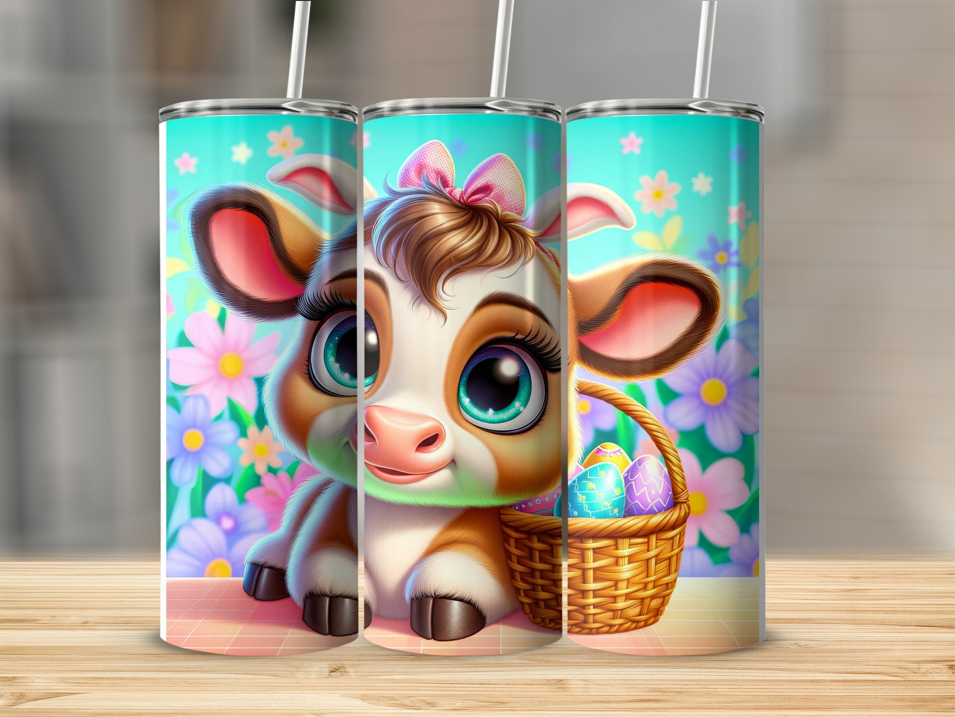 Cartoon calf with Easter eggs in basket and floral background.