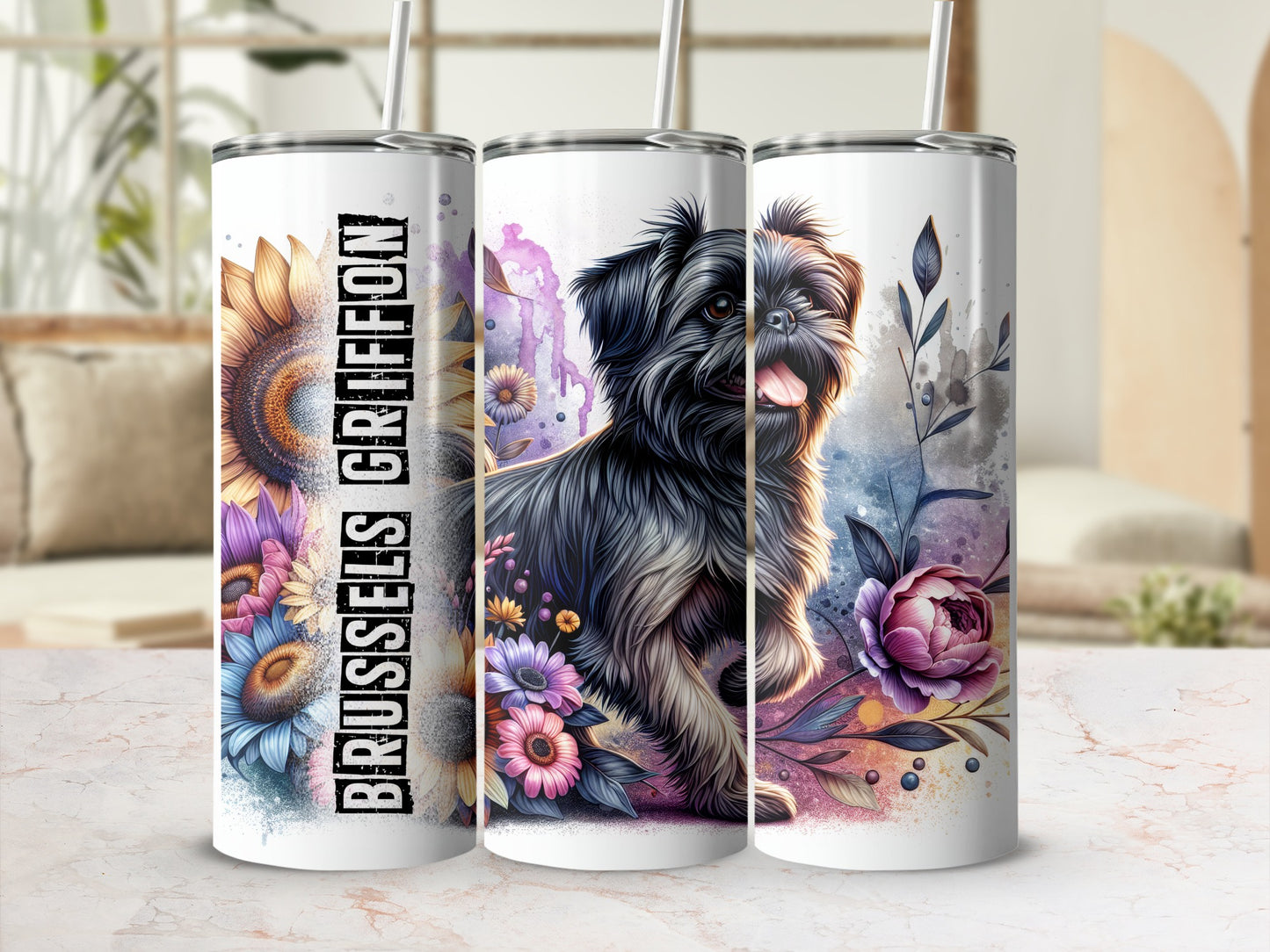 Brussels Griffon dog with sunflowers and flowers on a patterned tumbler.