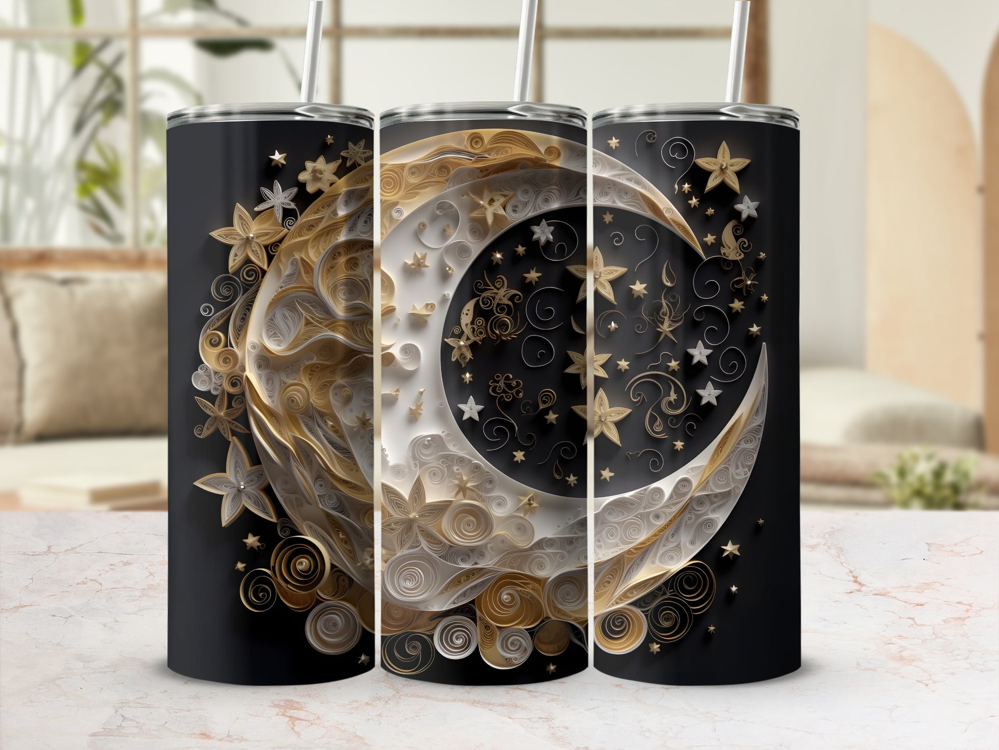 Black tumbler with gold and white crescent moon and star design.