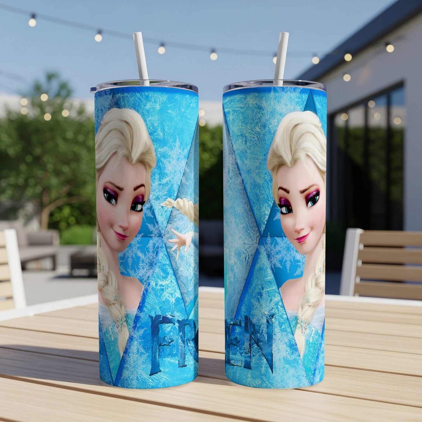 Two tumblers featuring Elsa from Frozen against a blue, icy background.