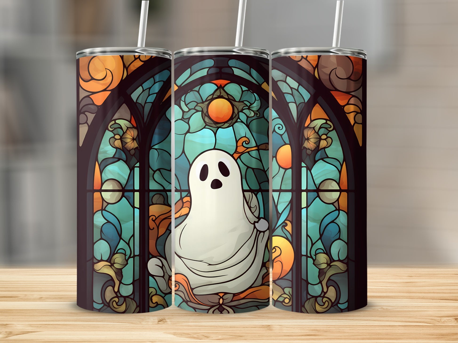 Three tumblers featuring a ghost in a stained-glass window design.