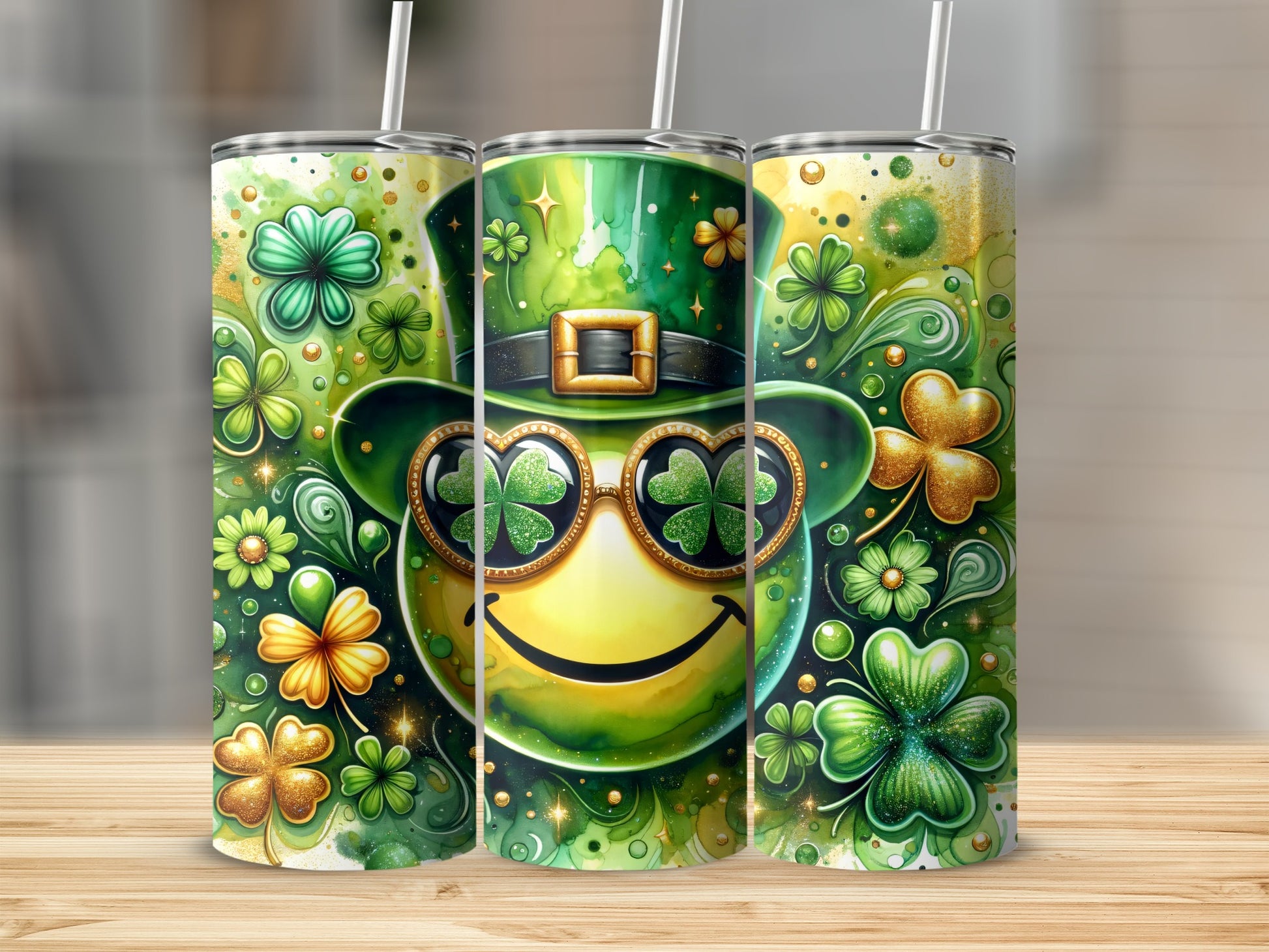 Green smiley face tumbler with shamrocks and glitter.